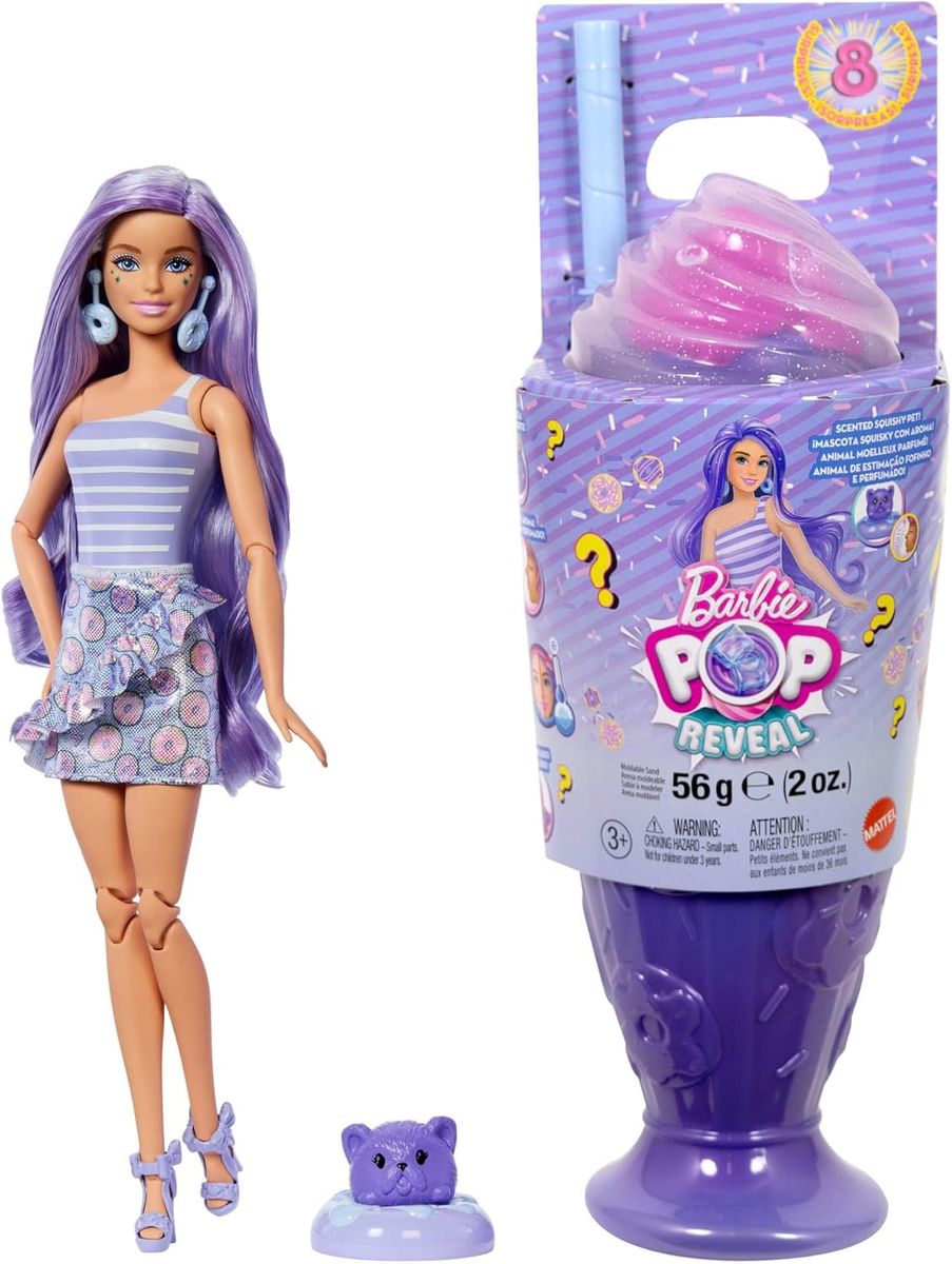 Mattel JFY60 - Barbie - Pop Reveal - Modepuppe mit 8 &Uuml;berraschungen und formbaren Sand (56g), Donut Dreams Design 