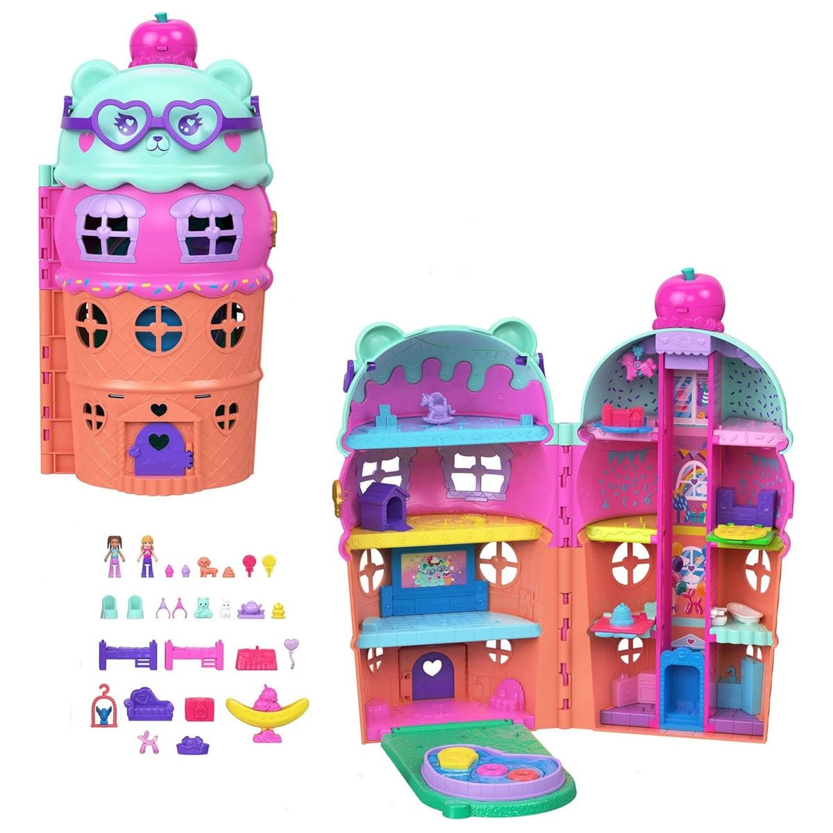 Mattel JFT91 - Polly Pocket - Gelateria-Haus Spielset, Mikropuppen & 25+ Teile, 4 Etagen, Konfetti-Funktion 