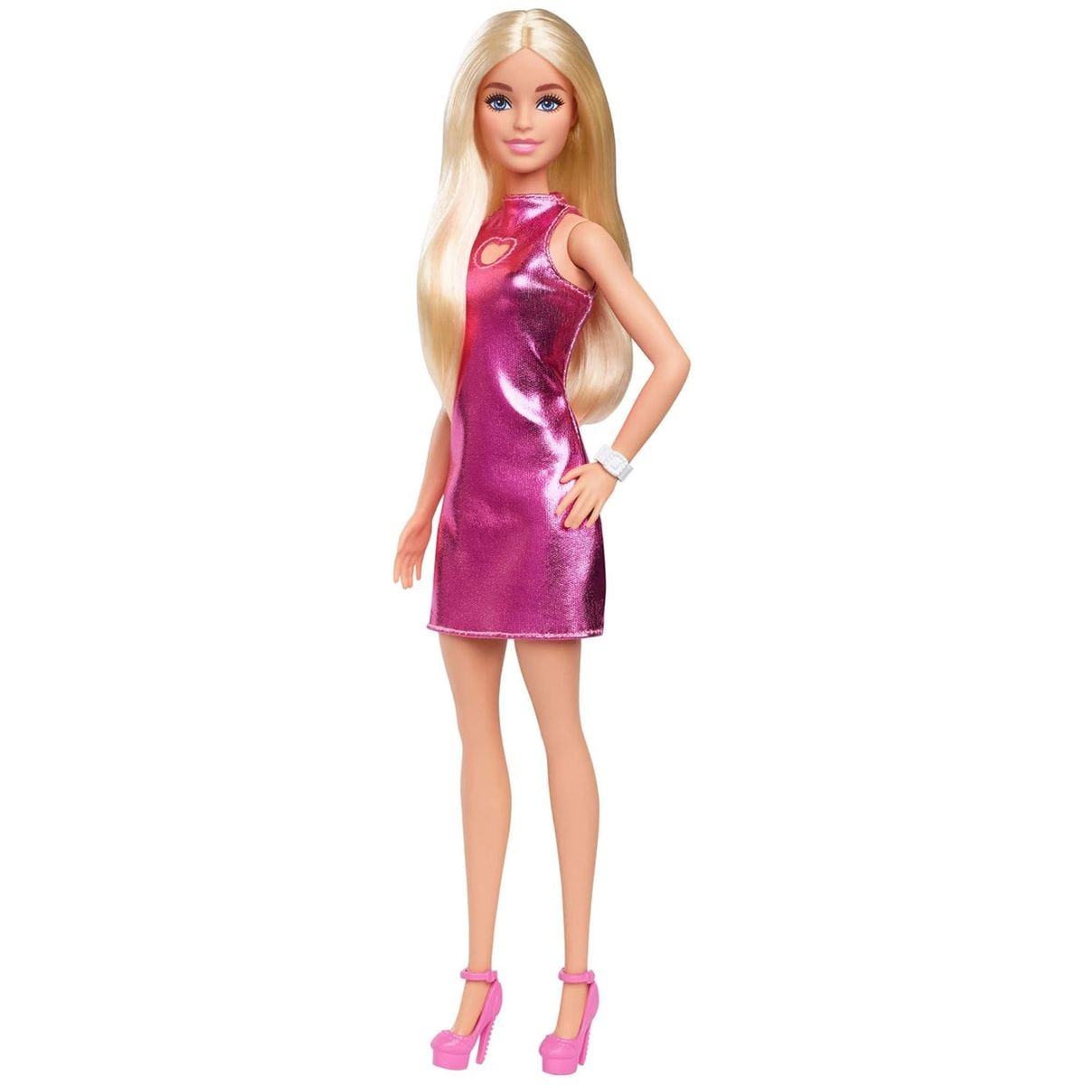 Mattel HYT88 - Barbie - Fashionistas - Puppe mit rosa Metallic-Minikleid 