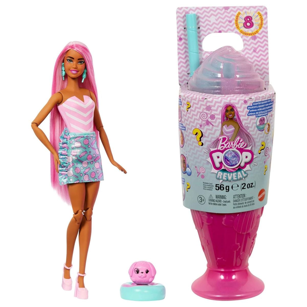 Mattel JFY62 - Barbie - Pop Reveal - Modepuppe mit Haustier, 8 &Uuml;berraschungen, Treat Serie, Farbwechseleffekt 