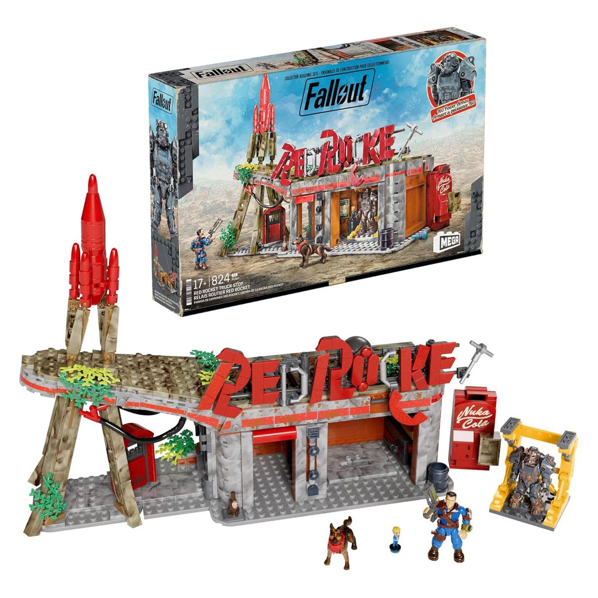 Mattel HXT00 - MEGA - Fallout - Red Rocket Bauset (824 Teile) mit Dogmeat & T-60 Powerr&uuml;stung 