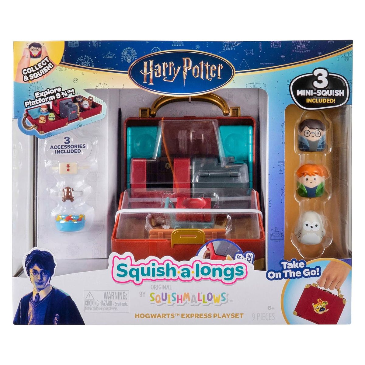 Jazwares SQAL0110 - Harry Potter - Squishmallows - Squish-a-longs Spielset, Hogwarts Express Koffer, 9-teilig dartunter Harry, Ron und Hedwig Figur 