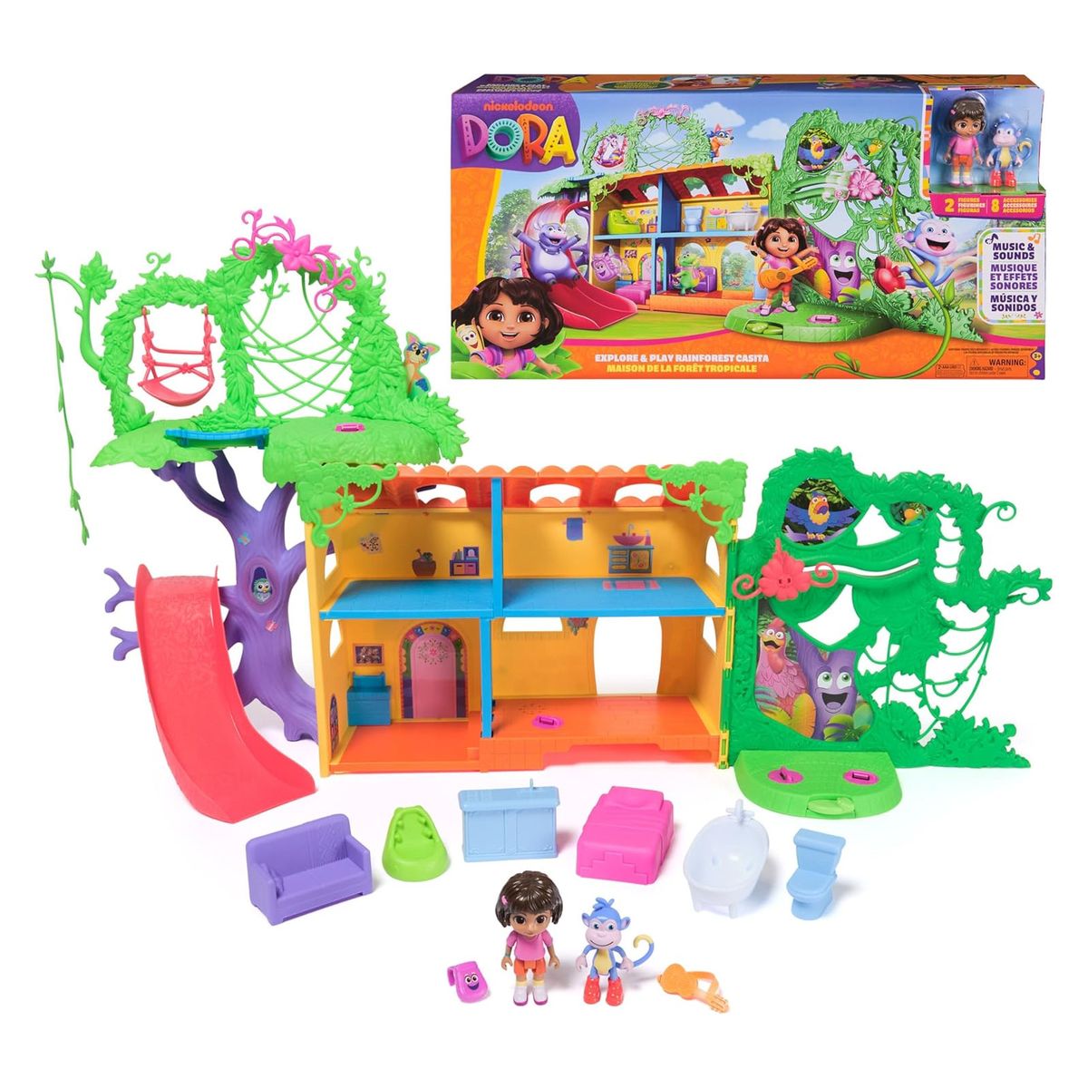 Spin Master 6073669 (20153008) - Dora - Der Regenwald Casita Spielset inkl. Dora & Affe Boots Figur, 3 Sound-Einstellungen: Deutsch, Spanisch oder nur Ger&auml;usche 