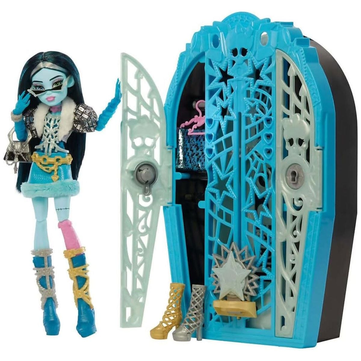 Mattel JBG81 - Monster High - Skulltimate Secrets Hauntlywood Mysteries &ndash; Frankie Stein Puppe mit 19+ &Uuml;berraschungen, "Kleiderschrank" 