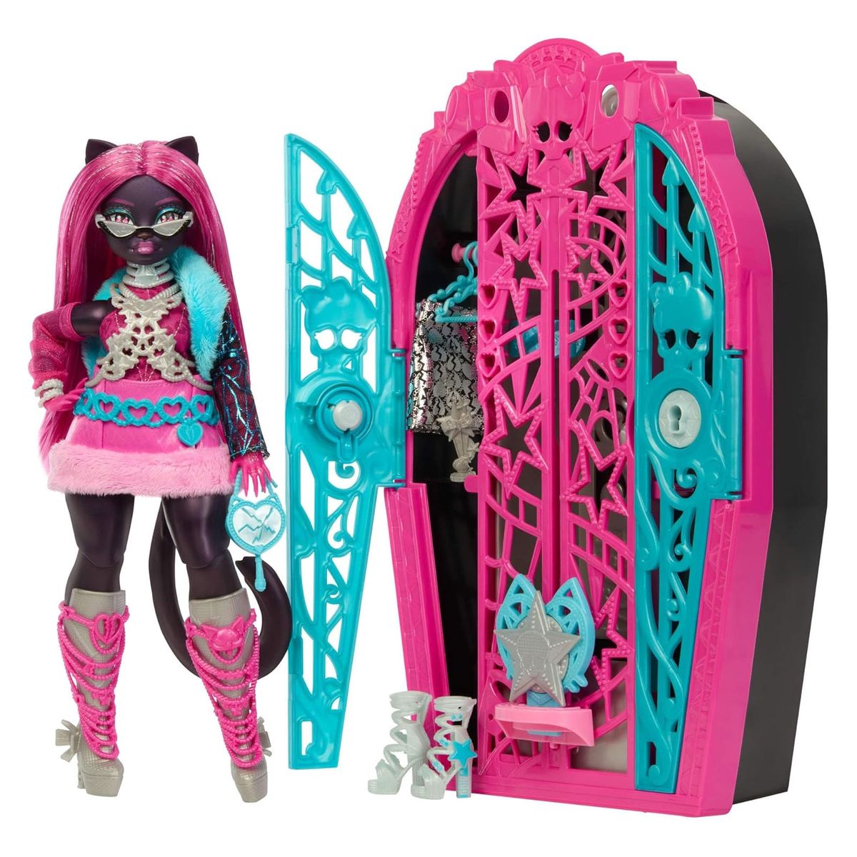 Mattel JBG82 - Monster High - Skulltimate Secrets Hauntlywood Mysteries &ndash; Catty-Noir Puppe mit 19+ &Uuml;berraschungen, "Kleiderschrank" 