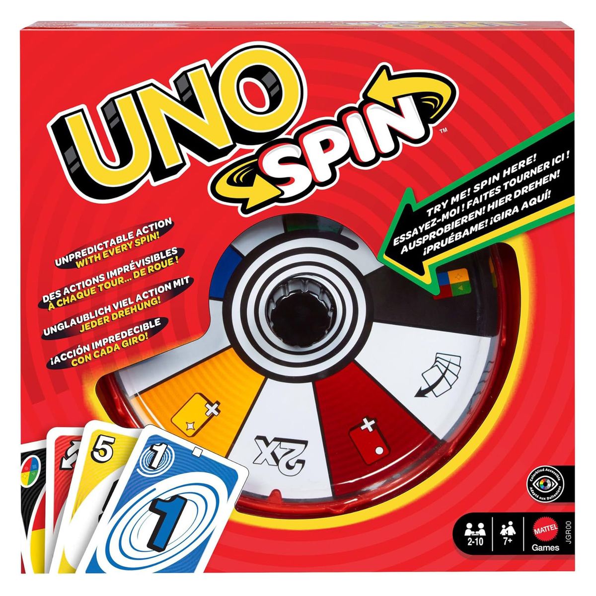 Mattel JGR00 - Mattel Games - UNO Spin, Kartenspiel mit barrierefreier Farbgestaltung, neue Herausforderungen und Regeln 