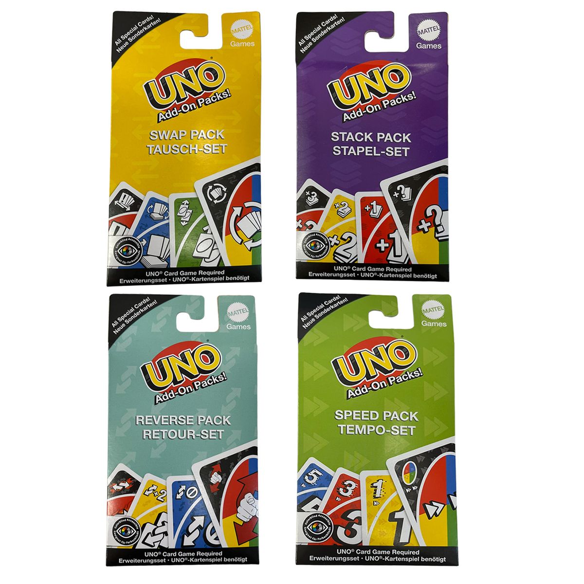 Mattel JCV55 BUNDLE sort. - Mattel Games - UNO Add-On Packs, Erweiterungen, Retour-/Tempo-/Stapel- & Tausch-Set mit barrierefreier Farbgestaltung 