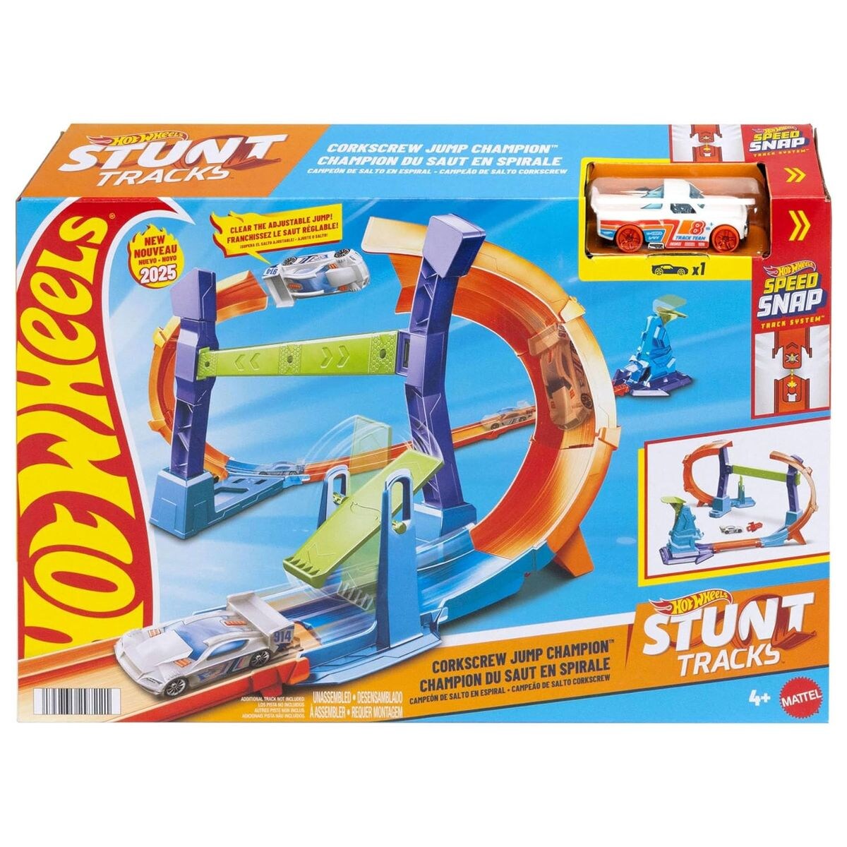 JFH36 - Hot Wheels - Spiral-Sprung Trackset mit Korkenzieher-Looping, anpassbarer Stunt-Sprung & 1:64 Fahrzeug