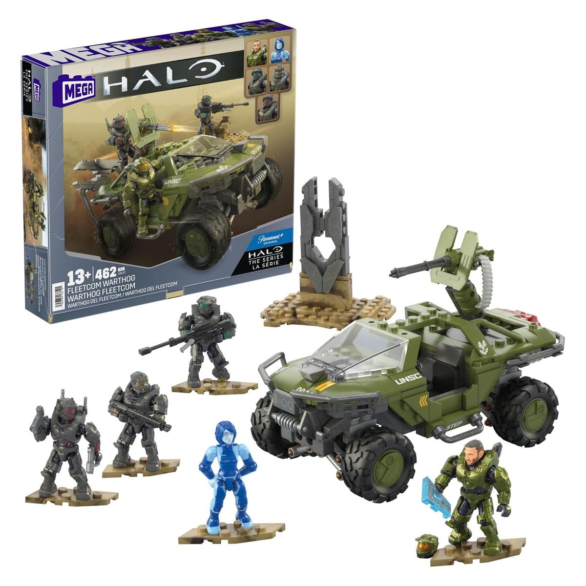 Mattel HNC57 - MEGA - Halo - Flotteneinsatzkommando Warthog Bausatz, 462 Teile 