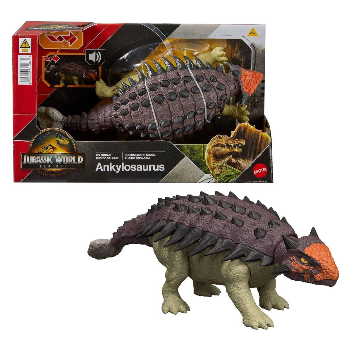 Mattel JGB90 - Jurassic World - Die Wiedergeburt - Dinofigur mit Ger&auml;uschen, 25 cm, Ankylosaurus 