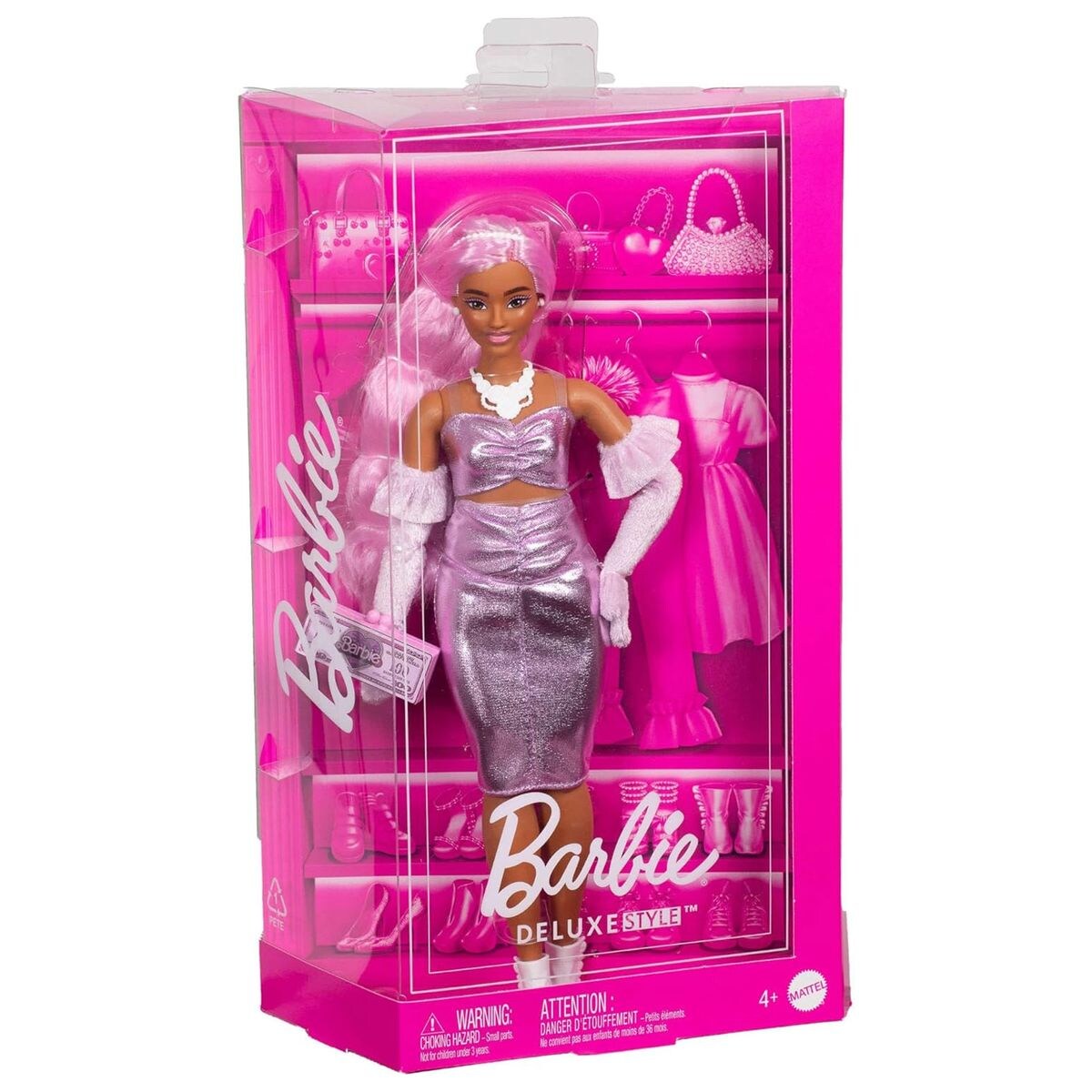 HYV25 - Barbie - Deluxe Style - Puppe mit violettem Metallic-Outfit, Samthandschuhen und Acceessoires