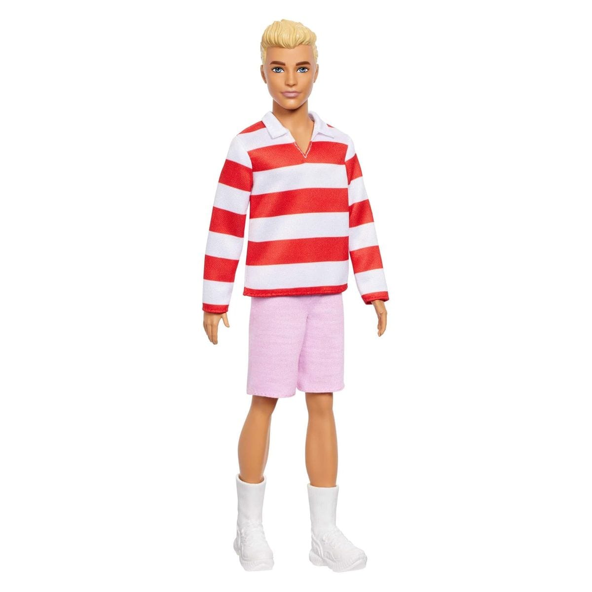Mattel HYV01 - Barbie - Fashionistas - Ken Puppe Nr. 241 in rot-wei&szlig; gestreiftem Oberteil und rosafarbener kurzer Hose mit wei&szlig;en Sneakern, blond 