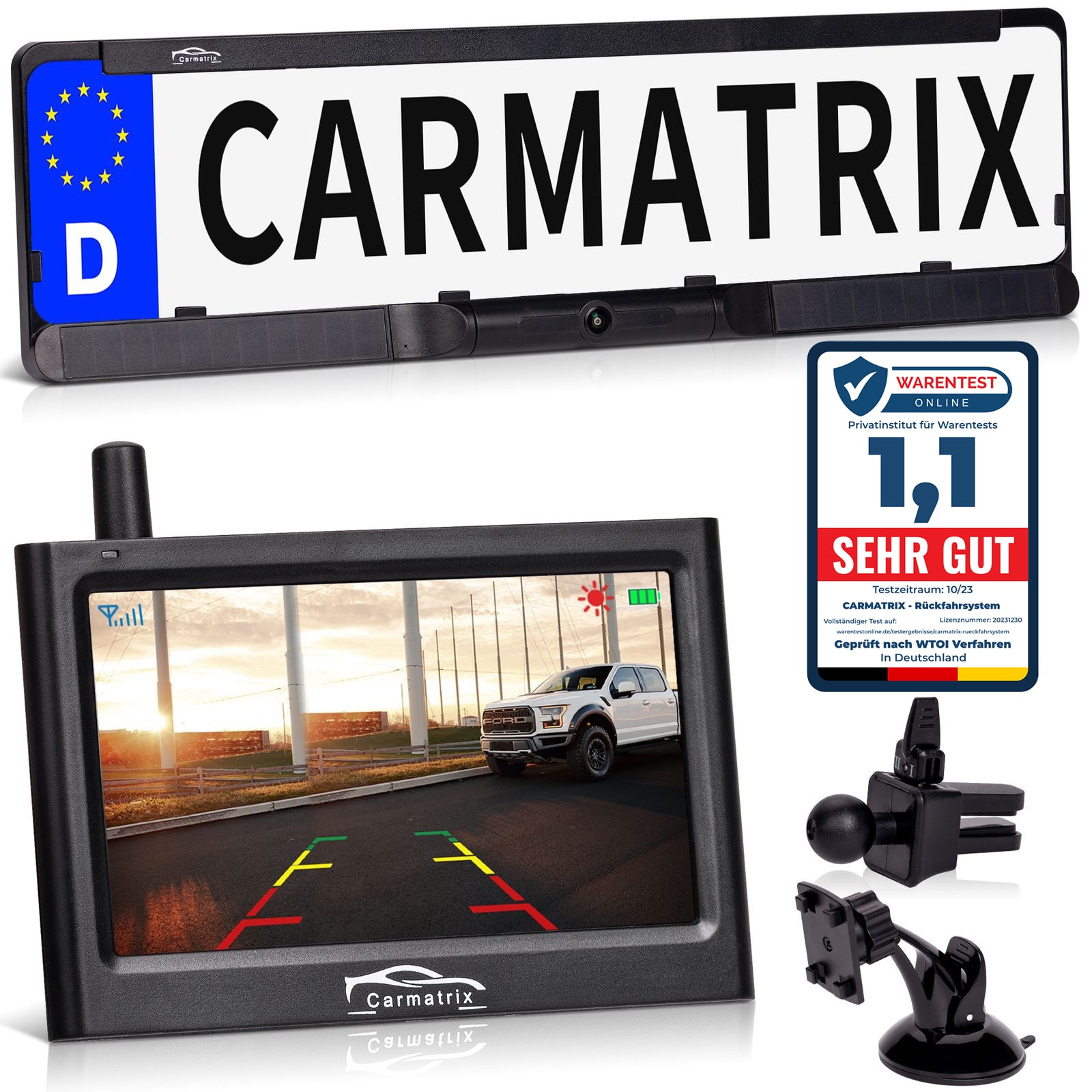CARMATRIX Solar Funk R&uuml;ckfahrkamera im Kennzeichen mit Monitor R&uuml;ckfahrsystem Auto 