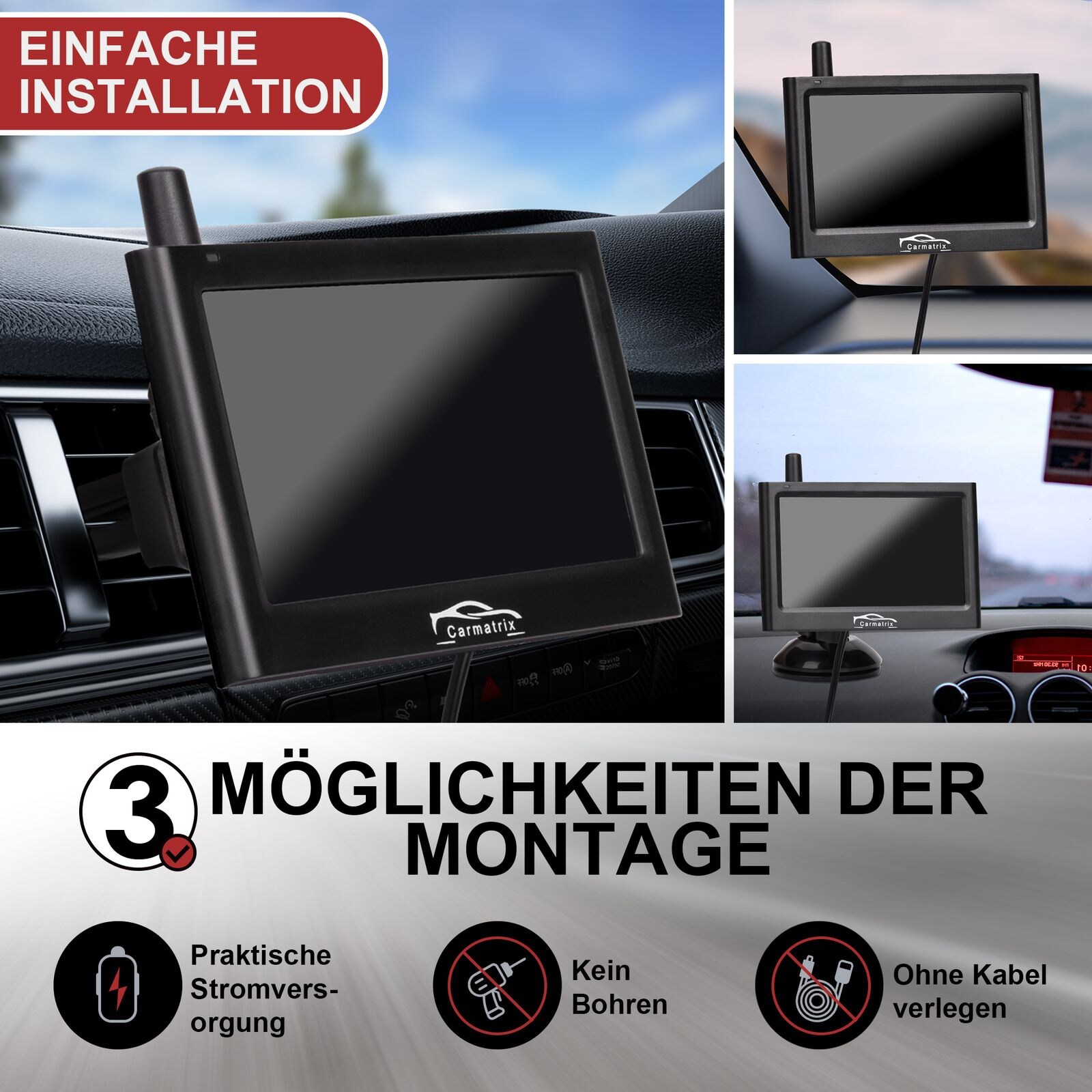 CARMATRIX Solar Funk Rückfahrkamera im Kennzeichen mit Monitor Rückfahrsystem Auto