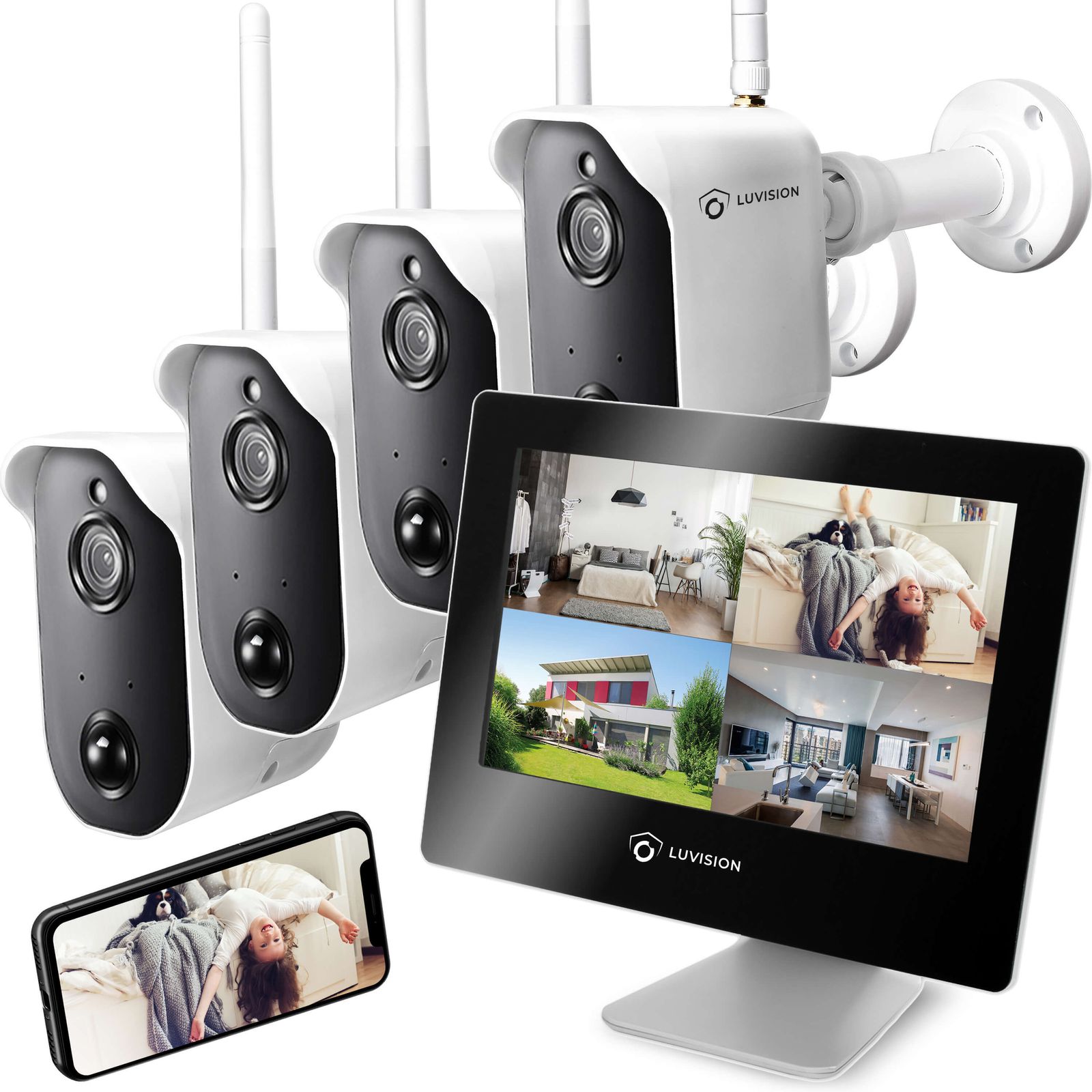 LUVISION Funk Akku Video &Uuml;berwachungssystem mit Batterie PIR Mikrofon Gegensprechfunktion Solar kompatibel 4 Kameras 
