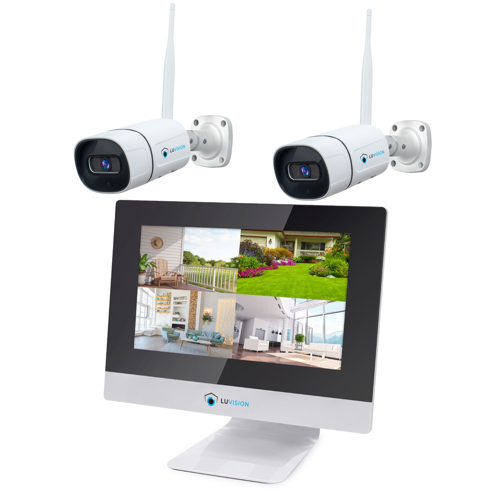 LUVISION Dual WLAN Funk Kamera Set &Uuml;berwachungssystem mit Monitor Cloud 4 bis 8 IP Kameras & App 8 Kameras 