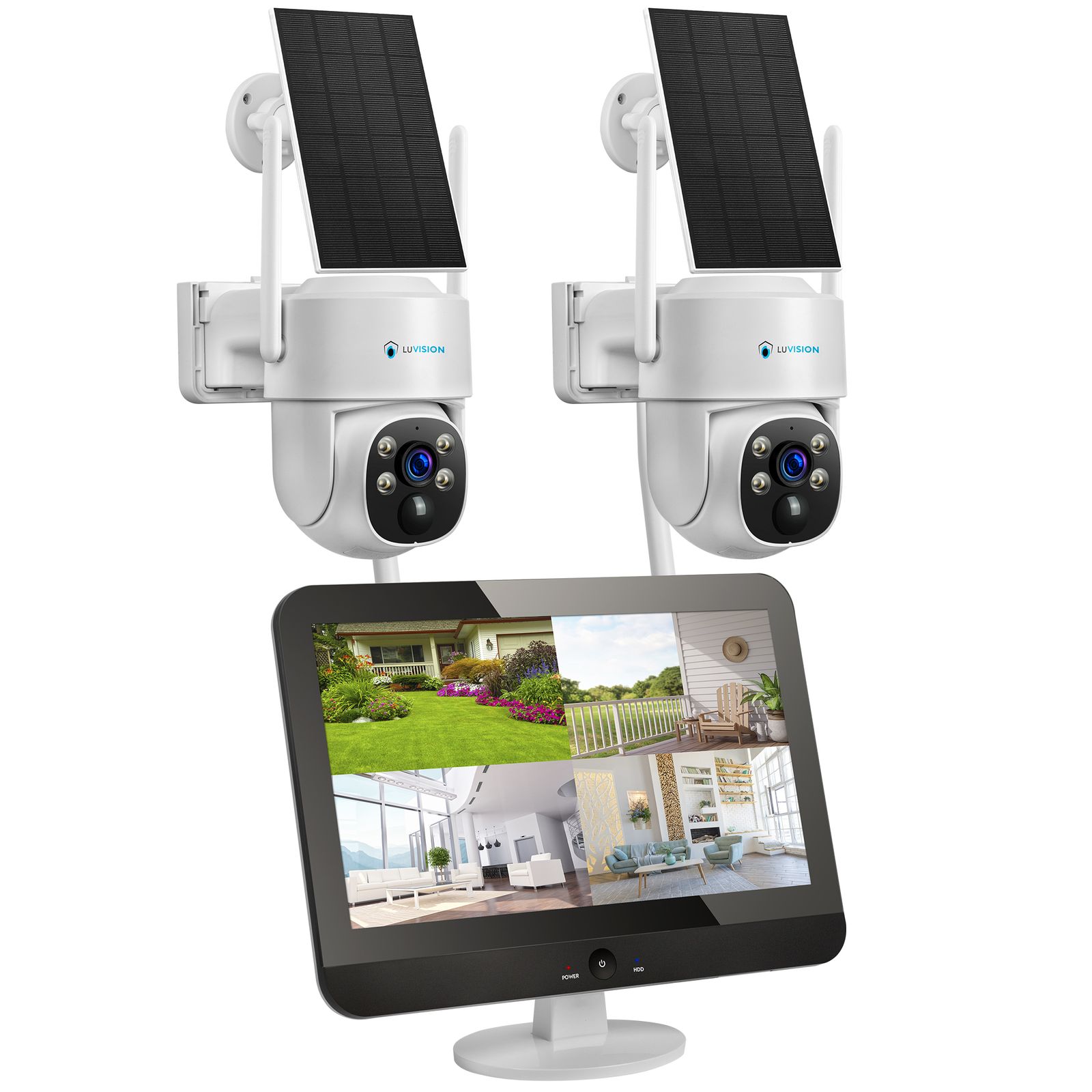 LUVISION Dual WLAN PTZ &Uuml;berwachungssystem mit LED Monitor 4MP Solar PTZ &Uuml;berwachungskamera Mikrofon, Sirene, Smarte Nachtsicht 4 Kameras 