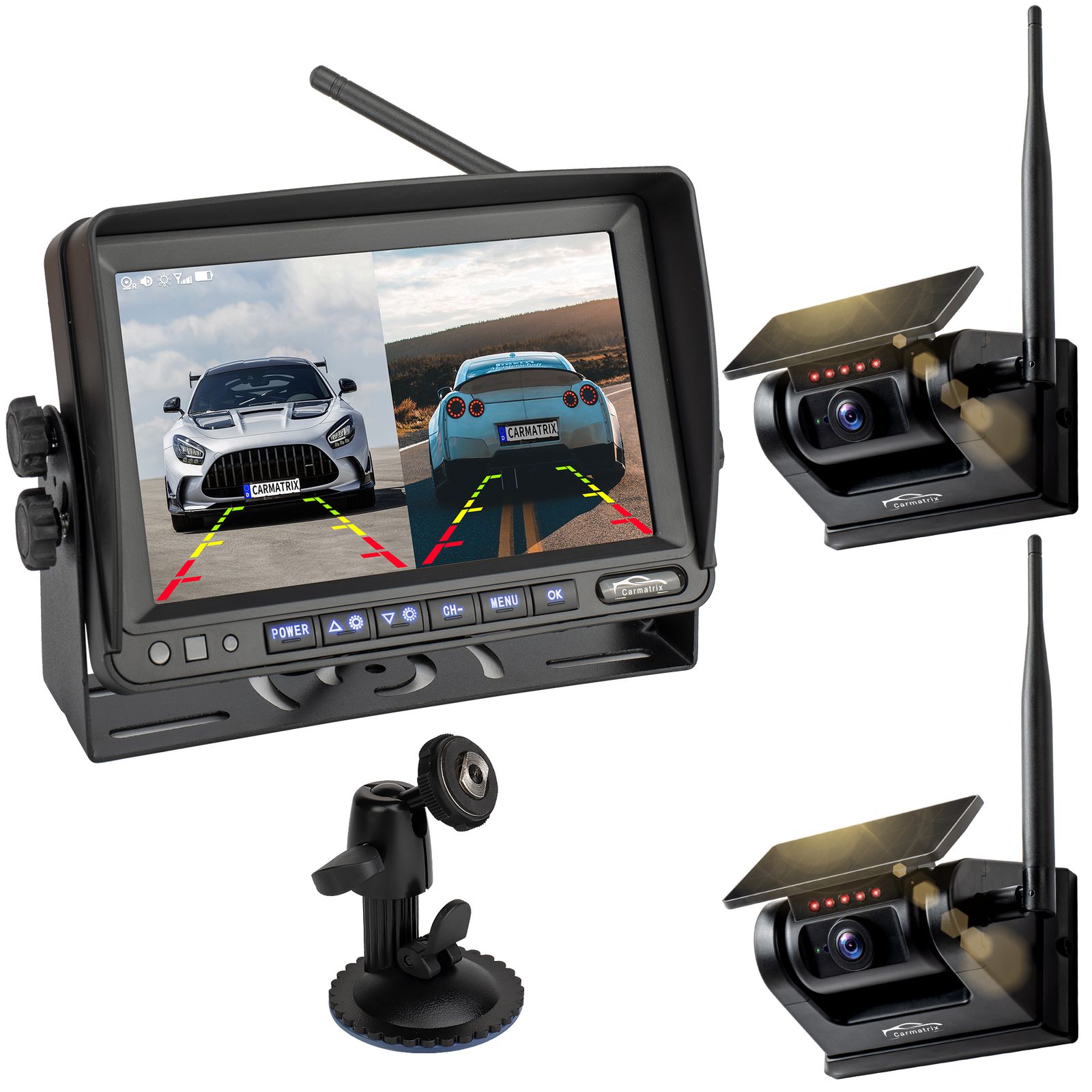 CARMATRIX Solar R&uuml;ckfahrsystem 7" Monitor magnetische R&uuml;ckfahrkamera mit Akku f&uuml;r Wohnmobil, LKW, Transporter 