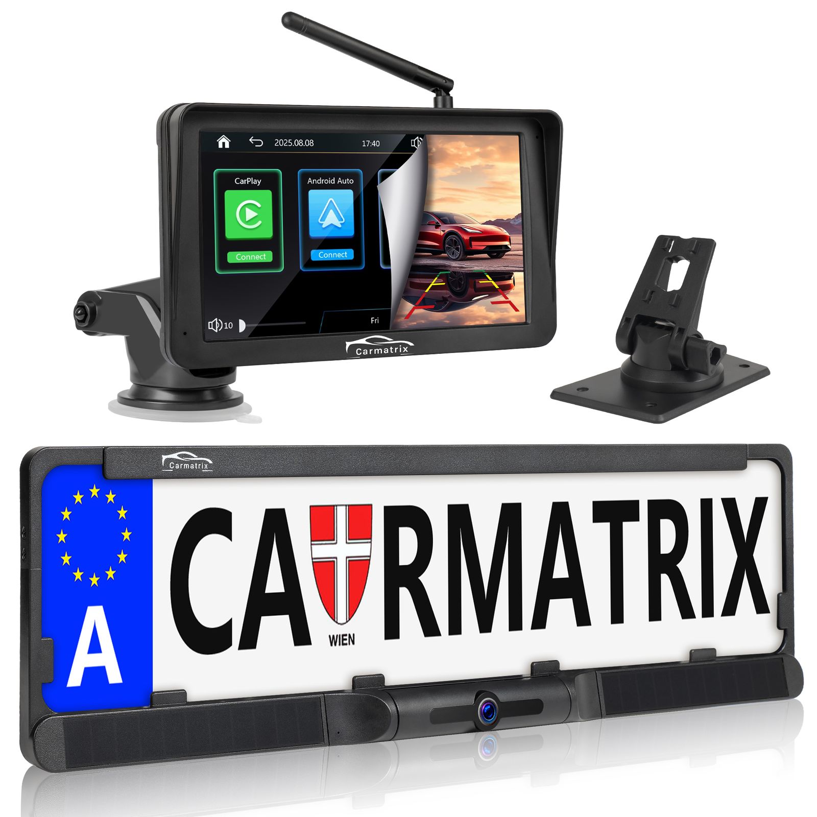 CARMATRIX Solar R&uuml;ckfahrsystem mit Android Auto und Apple CarPlay, GoogleMaps, YouTube 