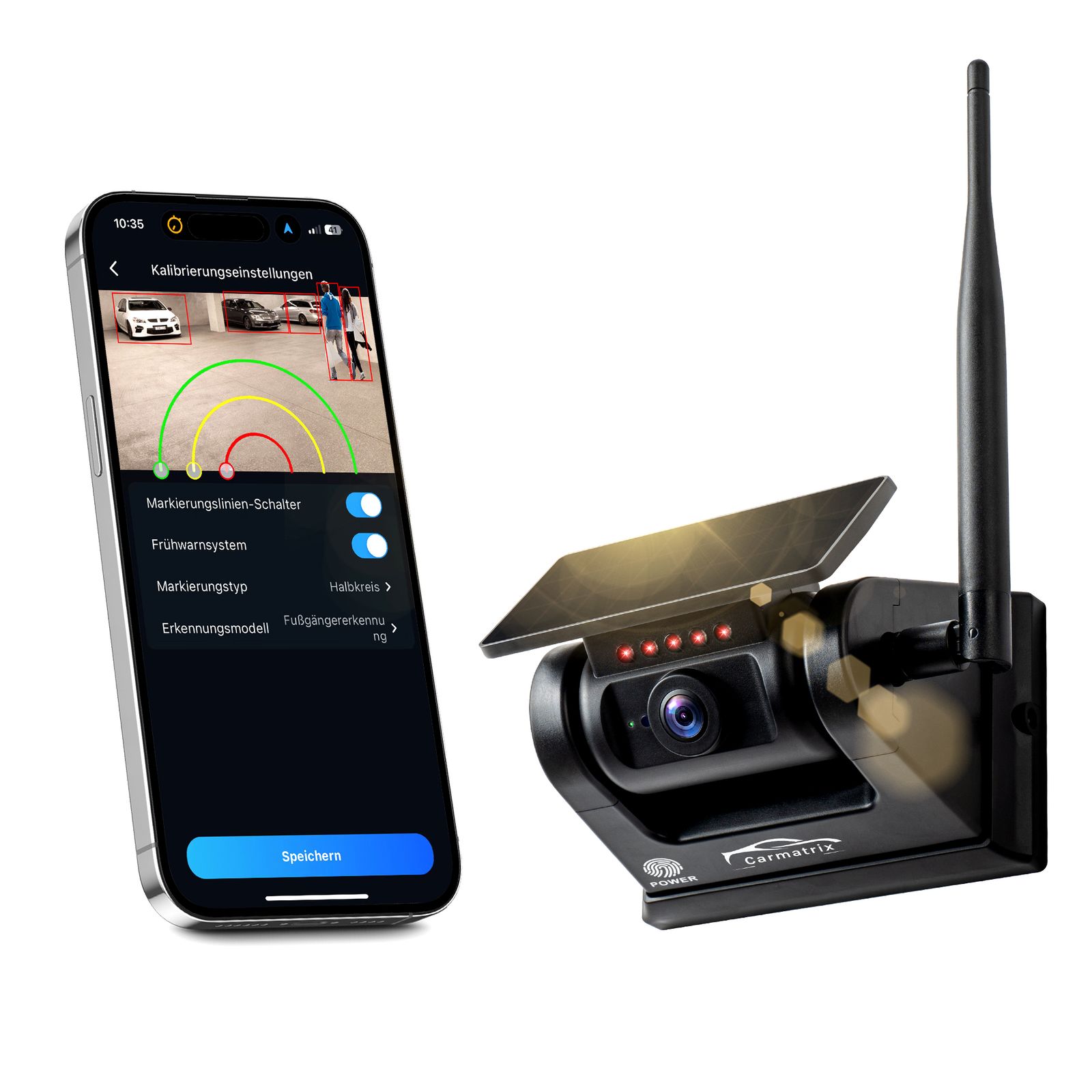 CARMATRIX Funk WLAN Solar R&uuml;ckfahrkamera mit Magnet KI Personenerkennung mit APP 