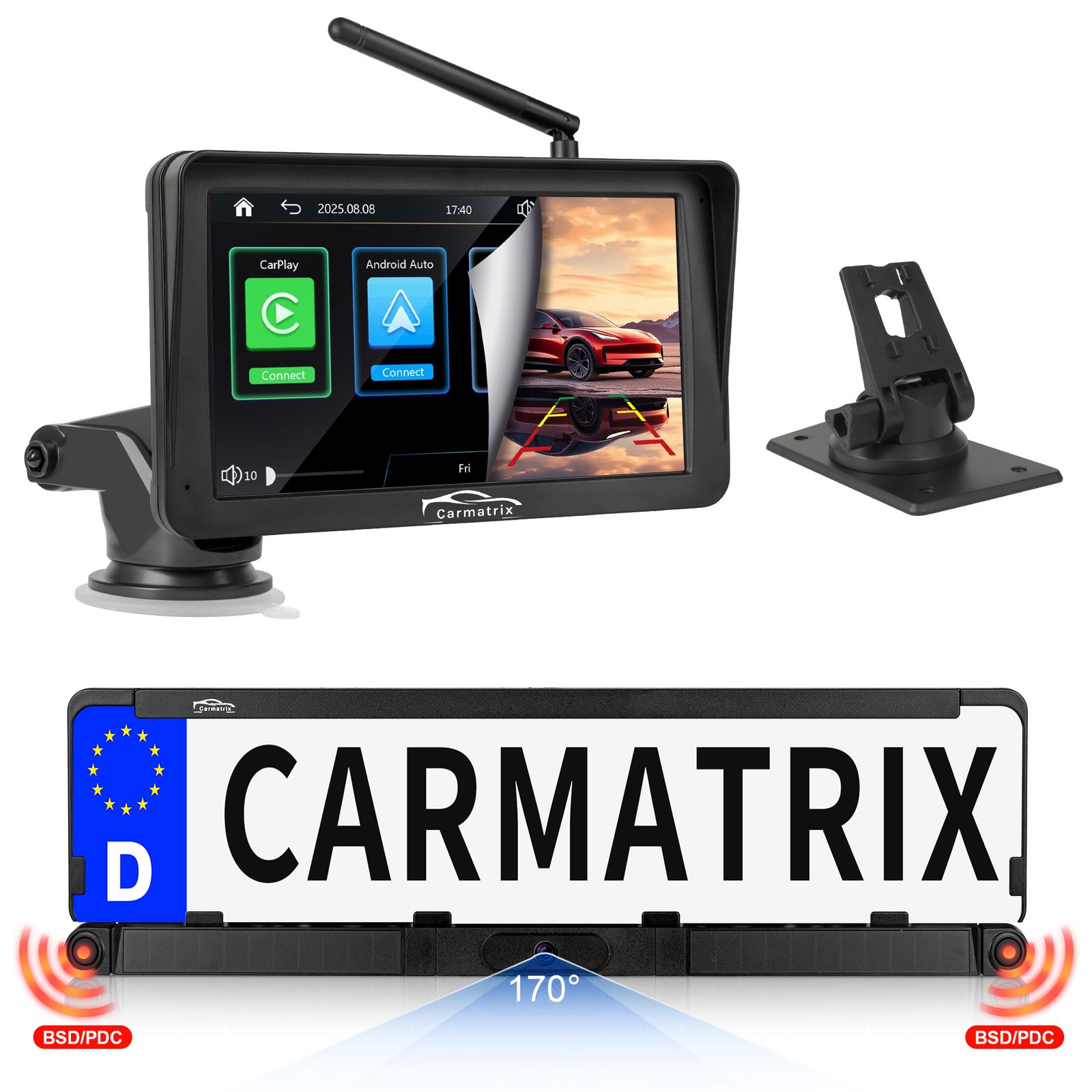 CARMATRIX Solar R&uuml;ckfahrsystem PDC Einparksensoren mit Android Auto und Apple CarPlay 