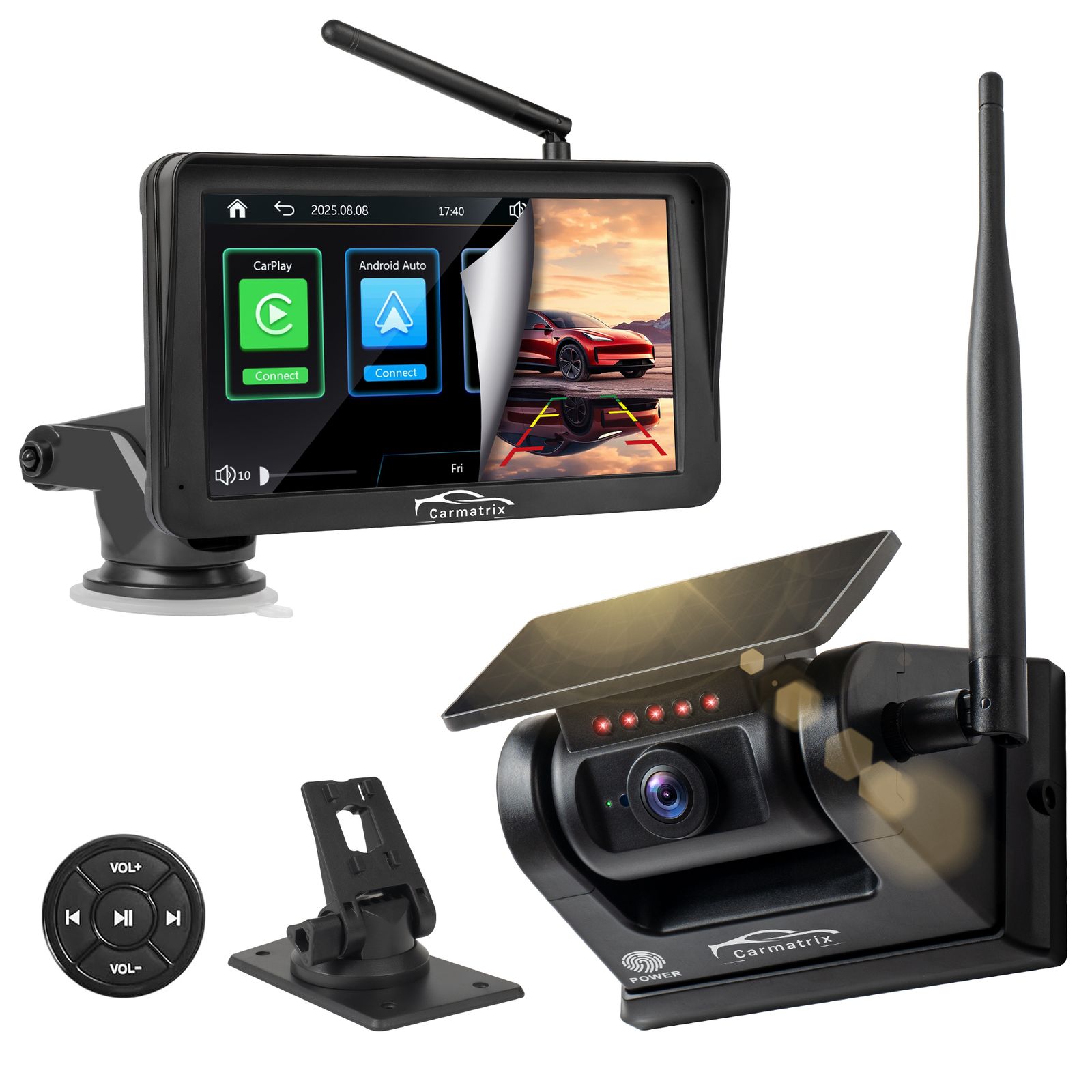 CARMATRIX Solar R&uuml;ckfahrsystem mit Android Auto und CarPlay Magnet R&uuml;ckfahrkamera 