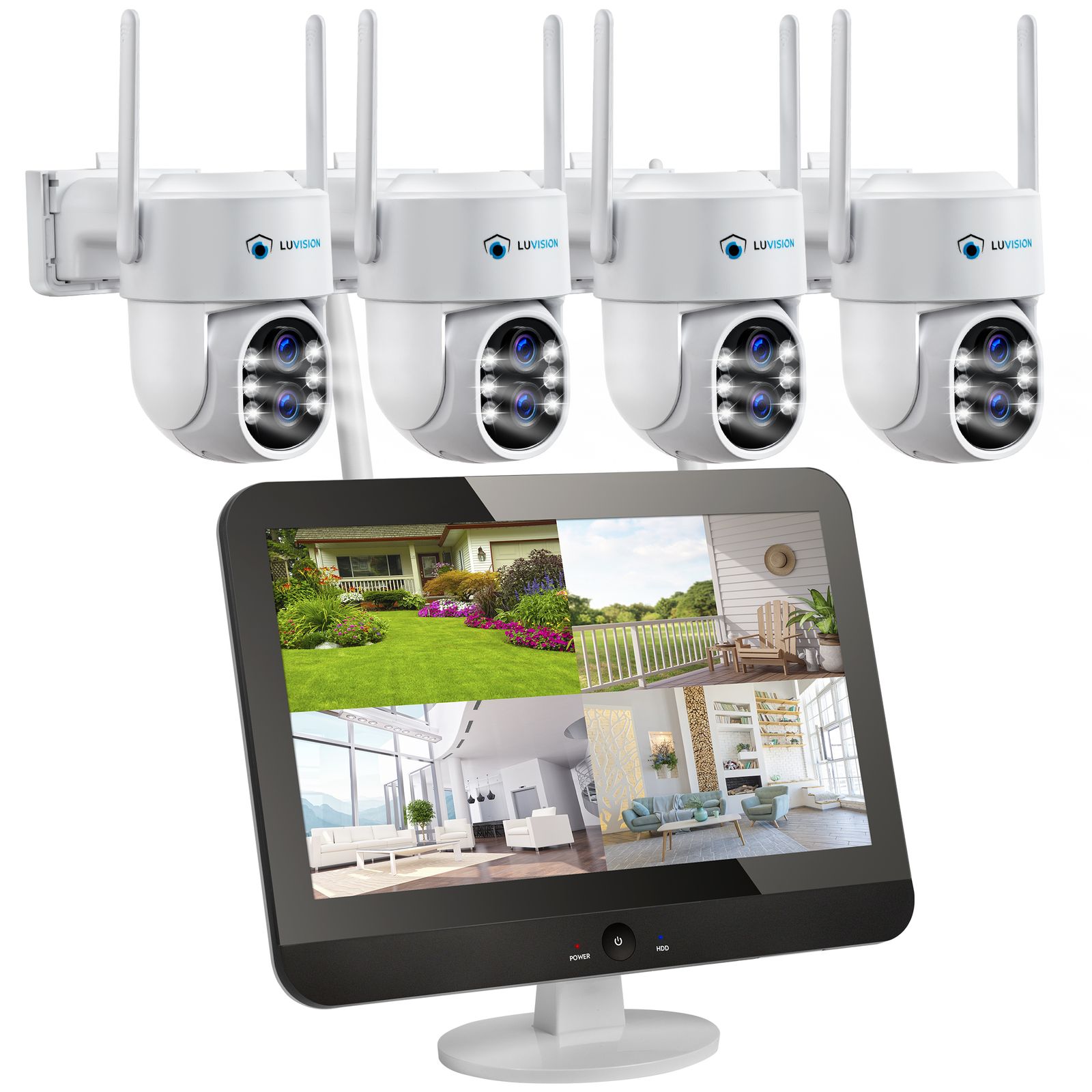 LUVISION Dual WLAN PTZ &Uuml;berwachungssystem mit 12,5" Monitor,Mikrofon, Sirene, Nachtsicht, KI Bewegungsverfolgung 4 Kameras 