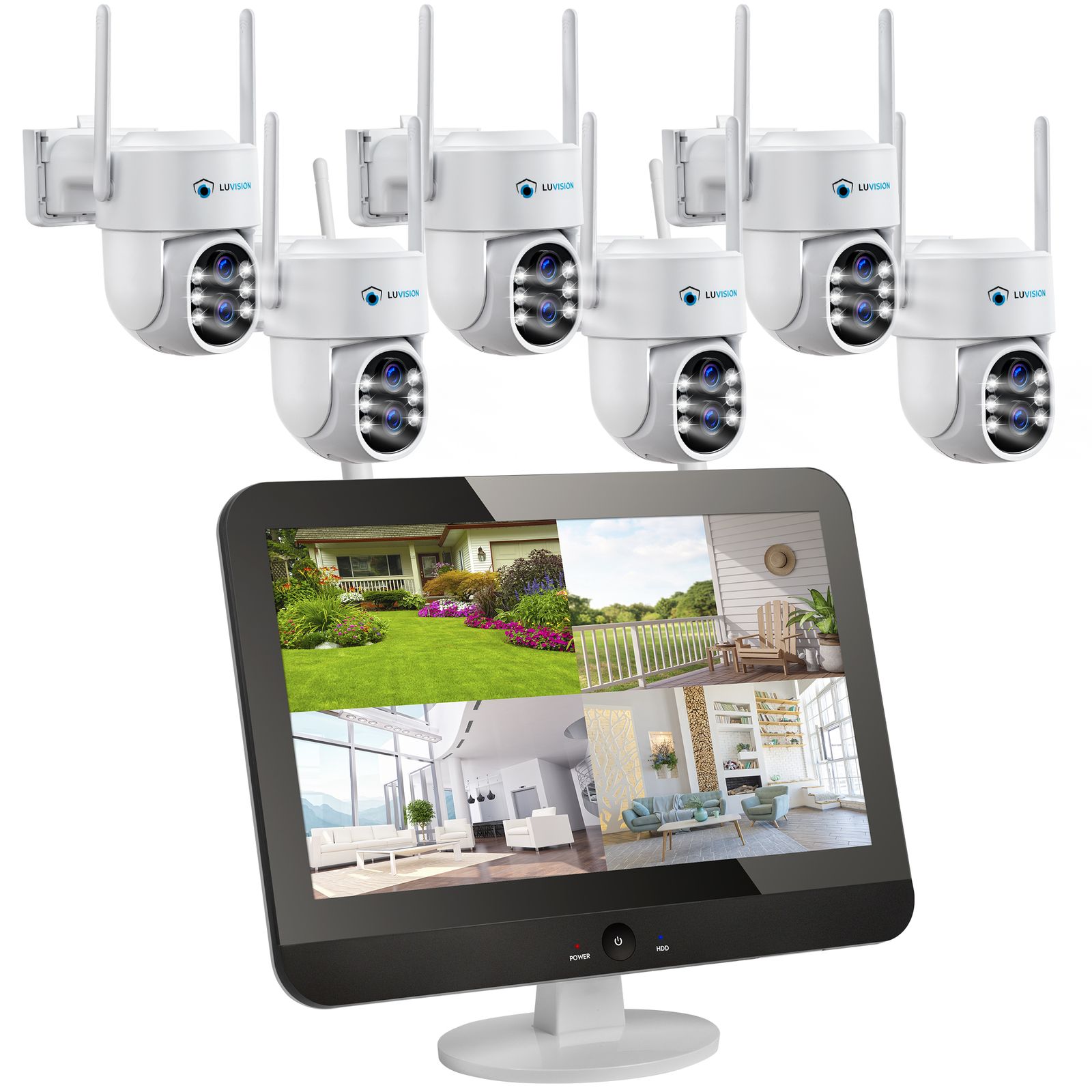 LUVISION Dual WLAN PTZ &Uuml;berwachungssystem mit 12,5" Monitor,Mikrofon, Sirene, Nachtsicht, KI Bewegungsverfolgung 6 Kameras 