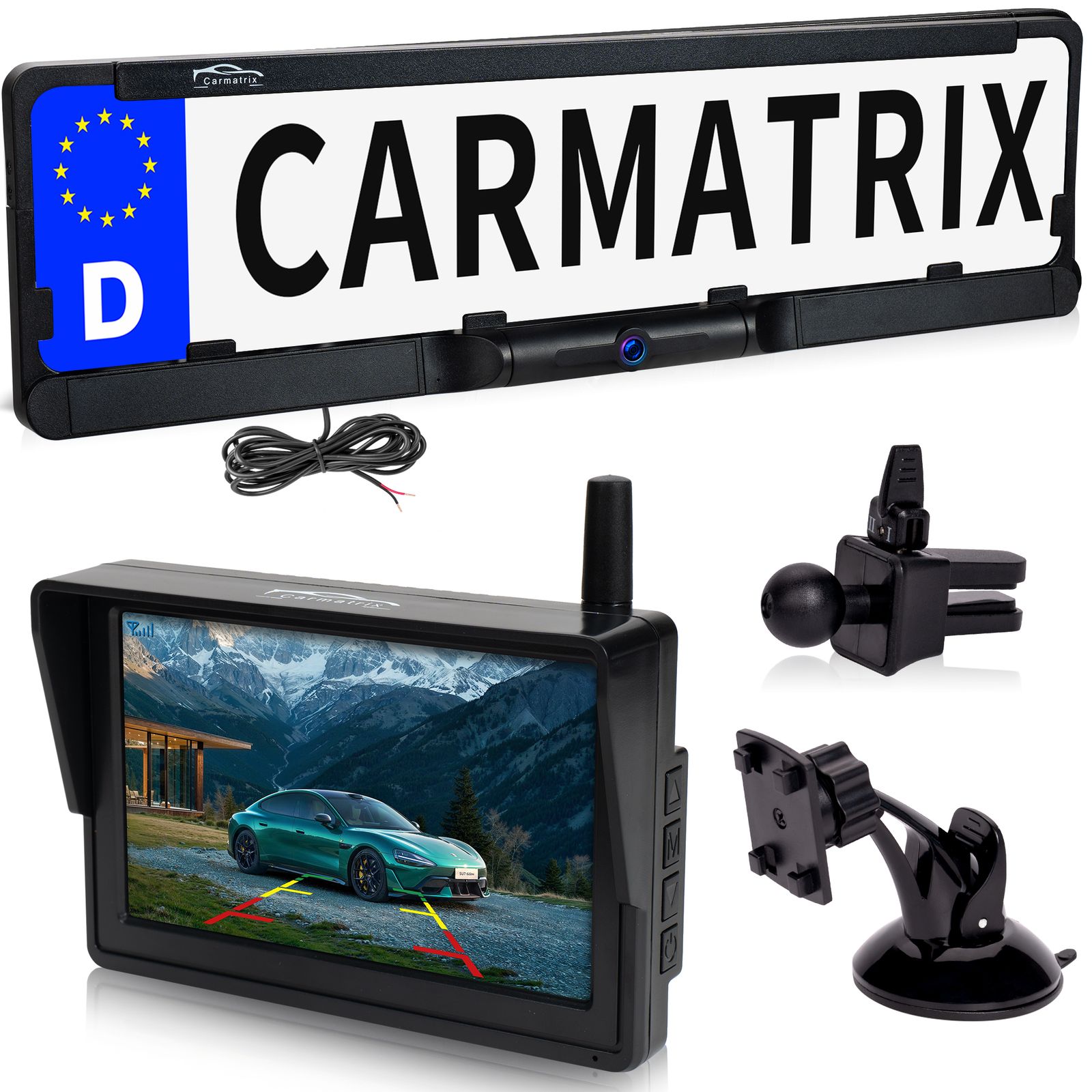 CARMATRIX HD Funk R&uuml;ckfahrsystem mit 5" Monitor Nummernschild f&uuml;r EU & &Ouml;sterreich 