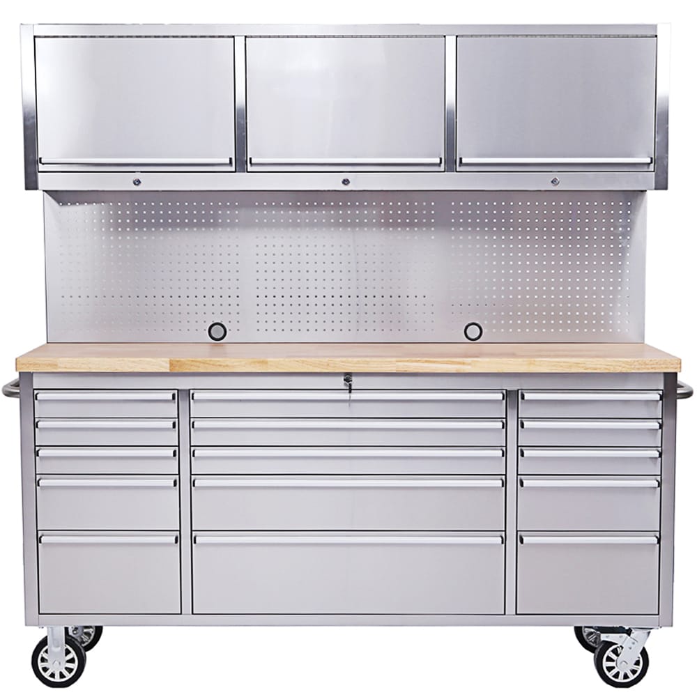 Werkstatt mit Lochwand und Schrank 198 cm Edelstahl, rollbar 