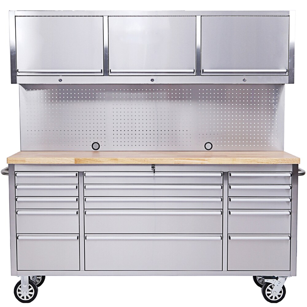 Werkstatt mit Lochwand und Schrank 198 cm Edelstahl, rollbar