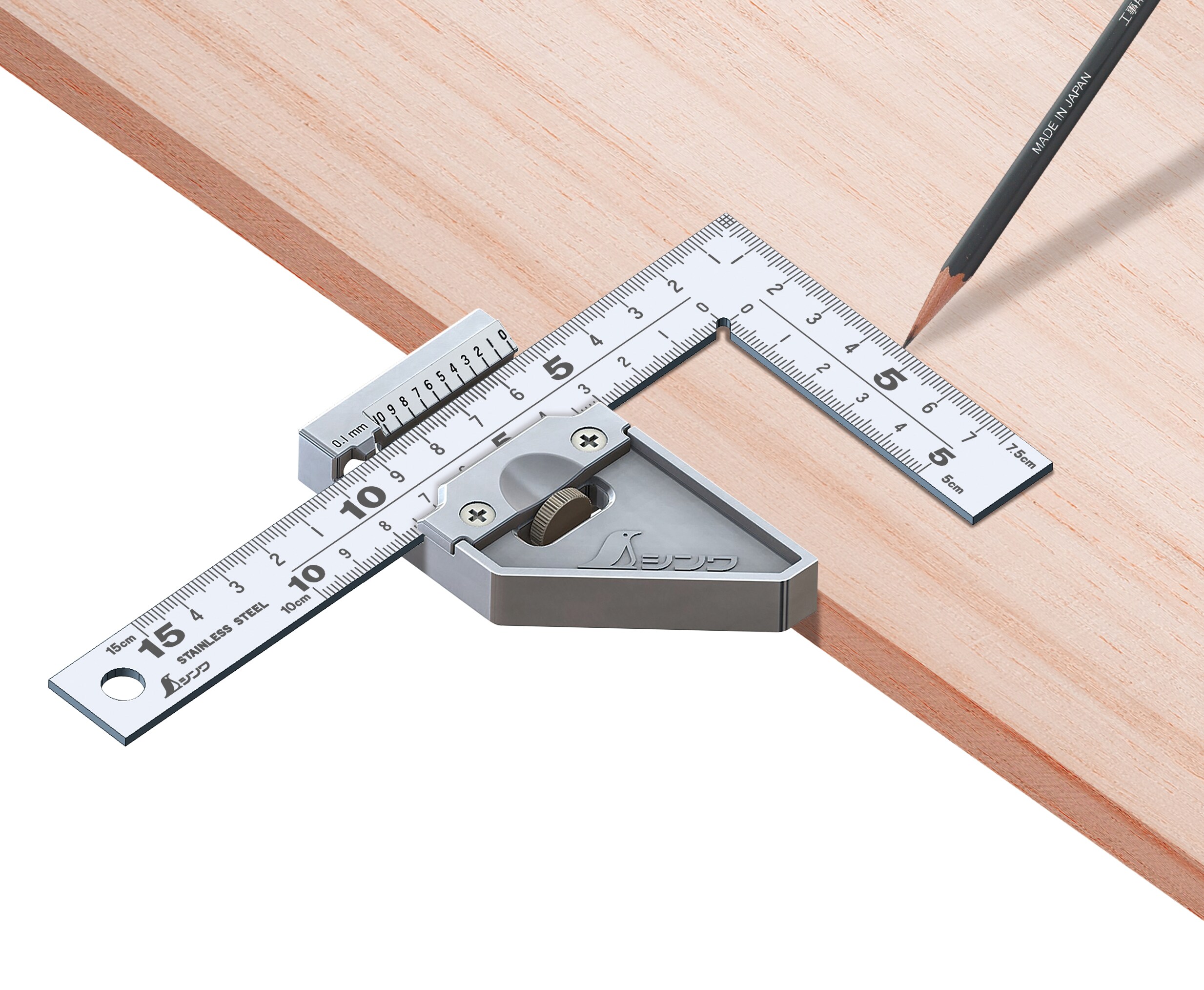 Shinwa 12485 Zimmermannswinkel 15x7,5cm, inkl. Metall-Stopper 