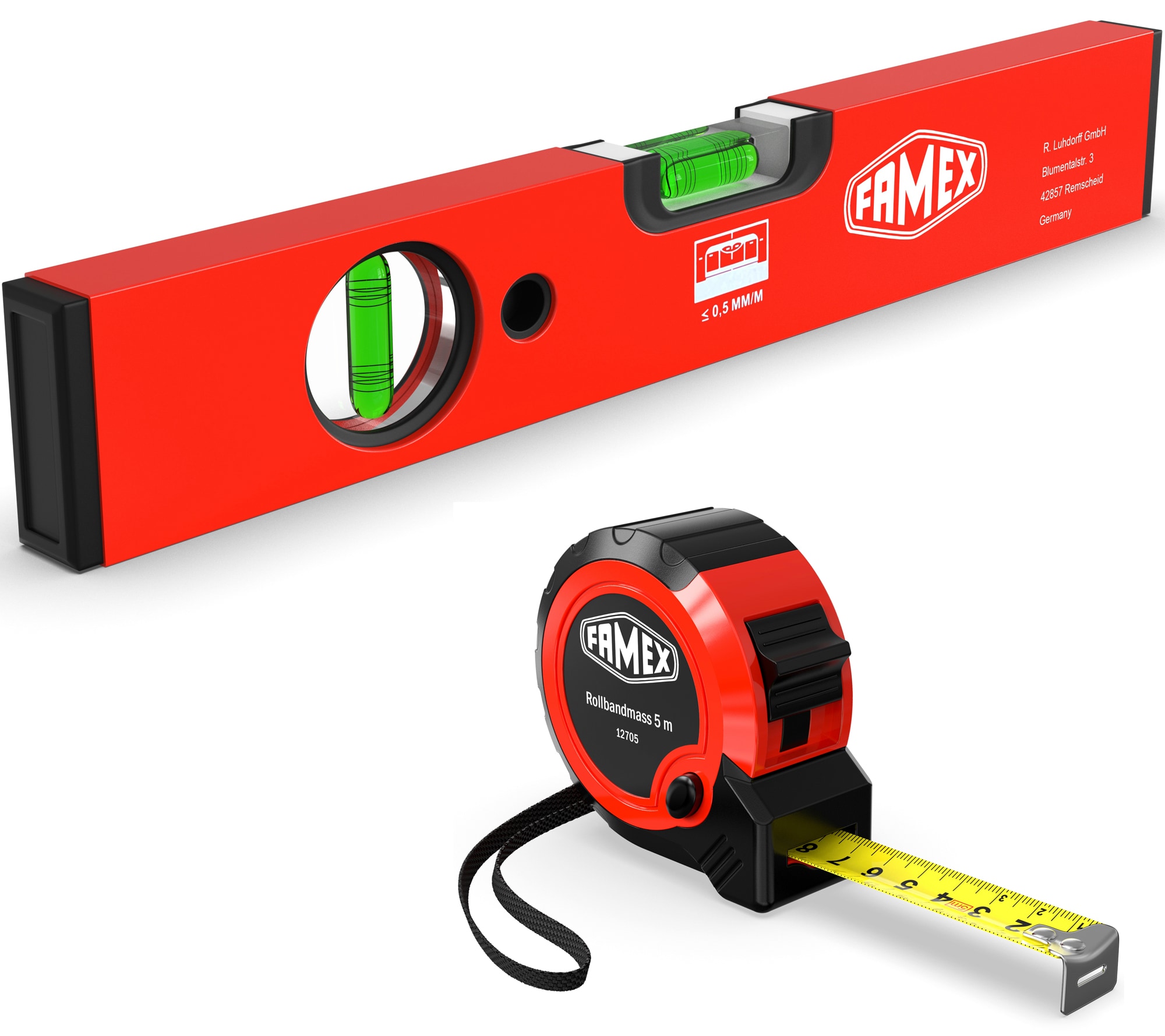 FAMEX 12811 Messwerkzeug Set, Rollbandma&szlig; 5m und Wasserwaage 