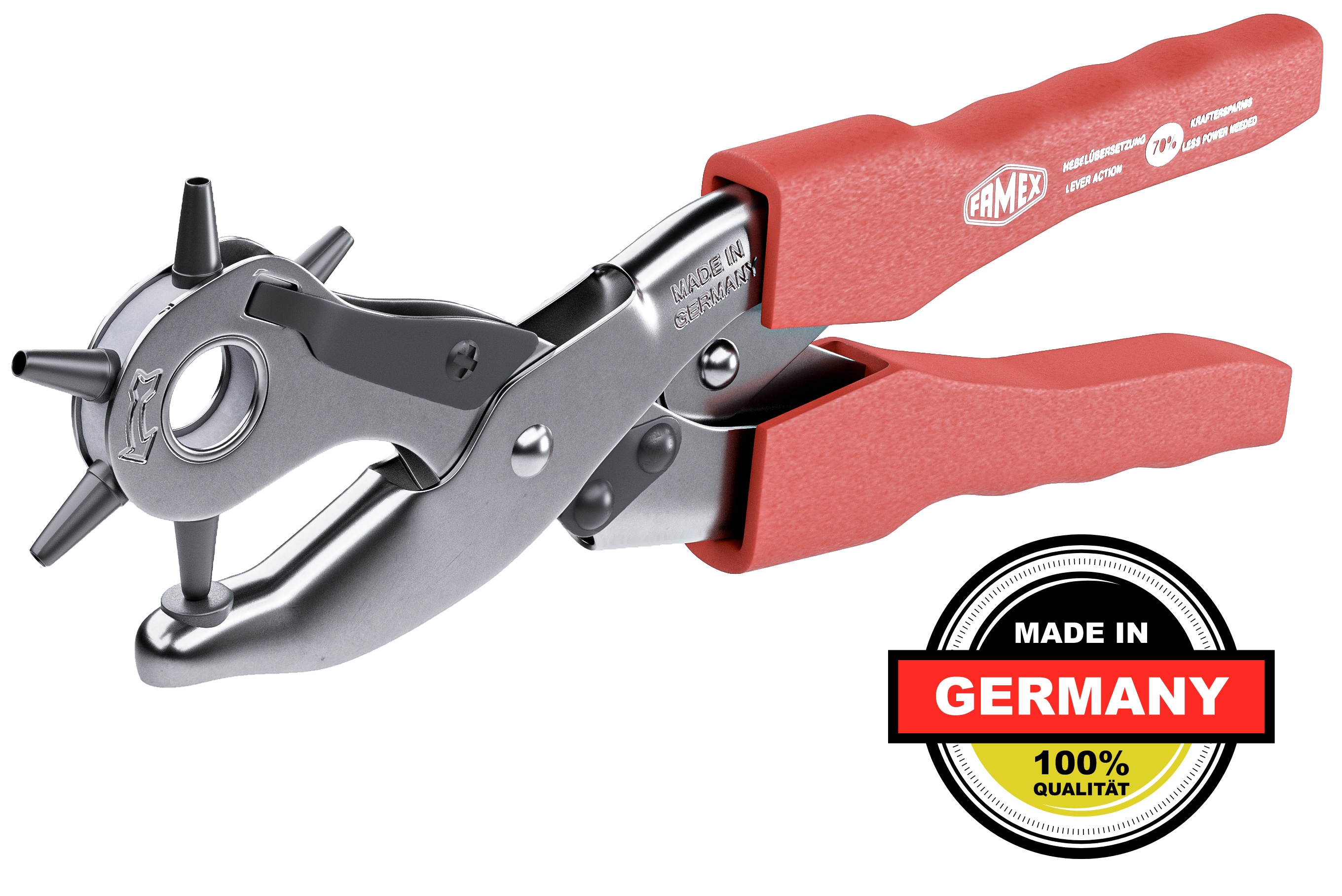 FAMEX 3519 Lochzange f&uuml;r Leder Revolverlochzange mit Hebel&uuml;bersetzung G&uuml;rtel 