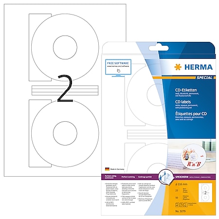 HERMA CD-Etiketten A4 Ø 116 mm weiß Papier matt blickdicht 50 St. - Weiß - Kreis - Dauerhaft - Papier - Matte - Laser/Inkjet 