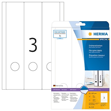 HERMA Ordneretiketten A4 61x297 mm weiß Papier matt blickdicht 75 St. - Weiß - Abgerundetes Rechteck - Dauerhaft - Papier - Matte - Laser/Inkjet 
