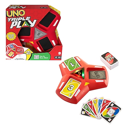 Mattel Games UNO Triple Play Kartenspiel Gesellschaftsspiel Spiel Kartenhalter 