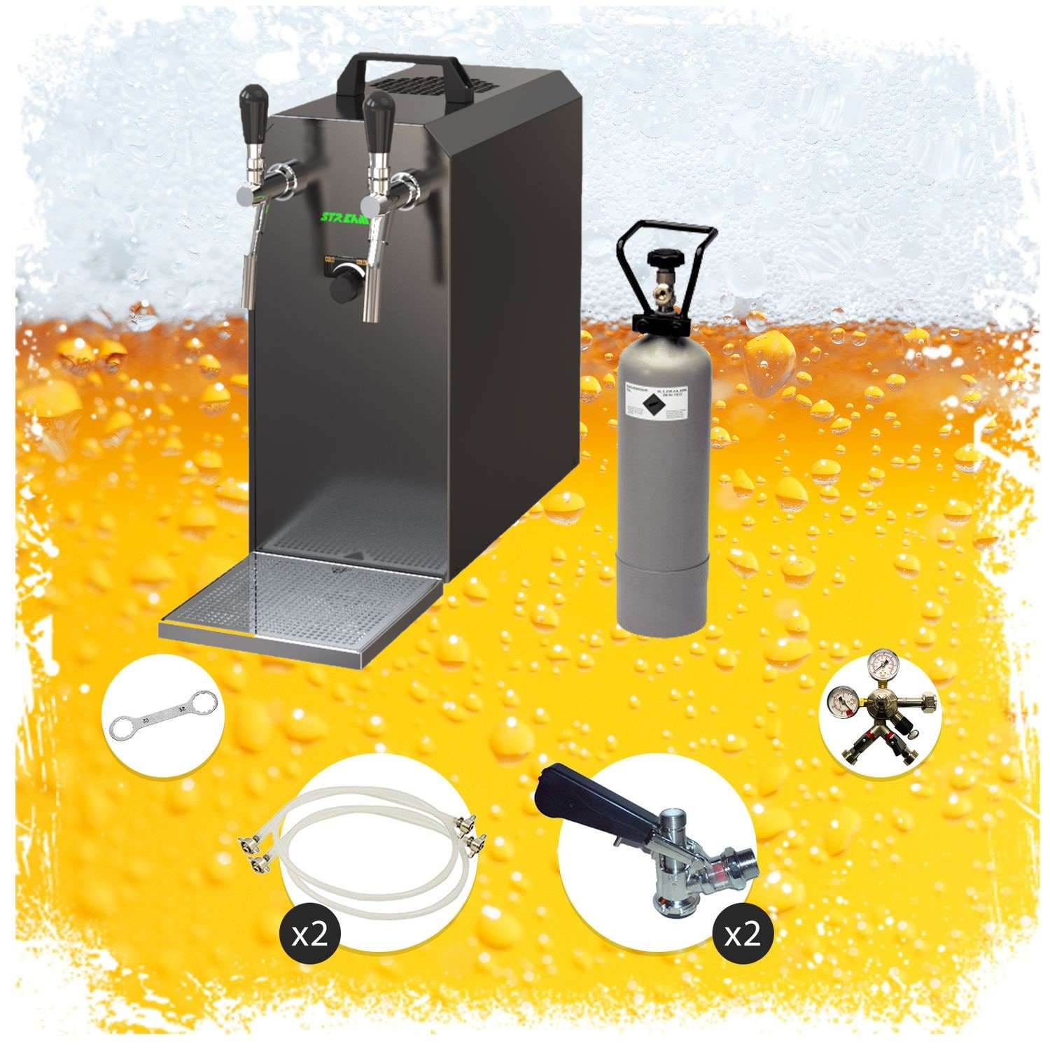 Komplett Set - Zapfanlage STREAM 50 Bierkoffer, Bierzapfanlage, Durchlaufk&uuml;hler 2-leitig Trockenk&uuml;hler, bis zu 55 Liter/h - BLACK EDITION, Zapfkopf:Kombi,Zapfkopf 2:5 Liter Adapter 