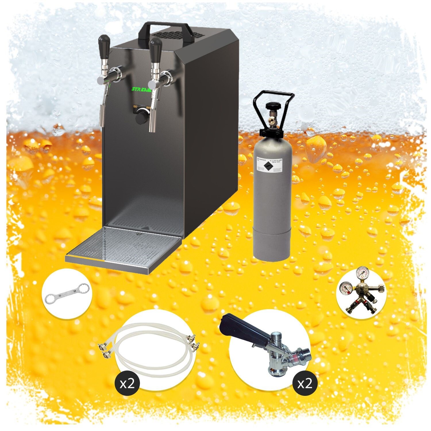Komplett Set - Zapfanlage STREAM 50 Bierkoffer, Bierzapfanlage, Durchlaufkühler 2-leitig Trockenkühler, bis zu 55 Liter/h - BLACK EDITION, Zapfkopf:Korb,Zapfkopf 2:5 Liter Adapter