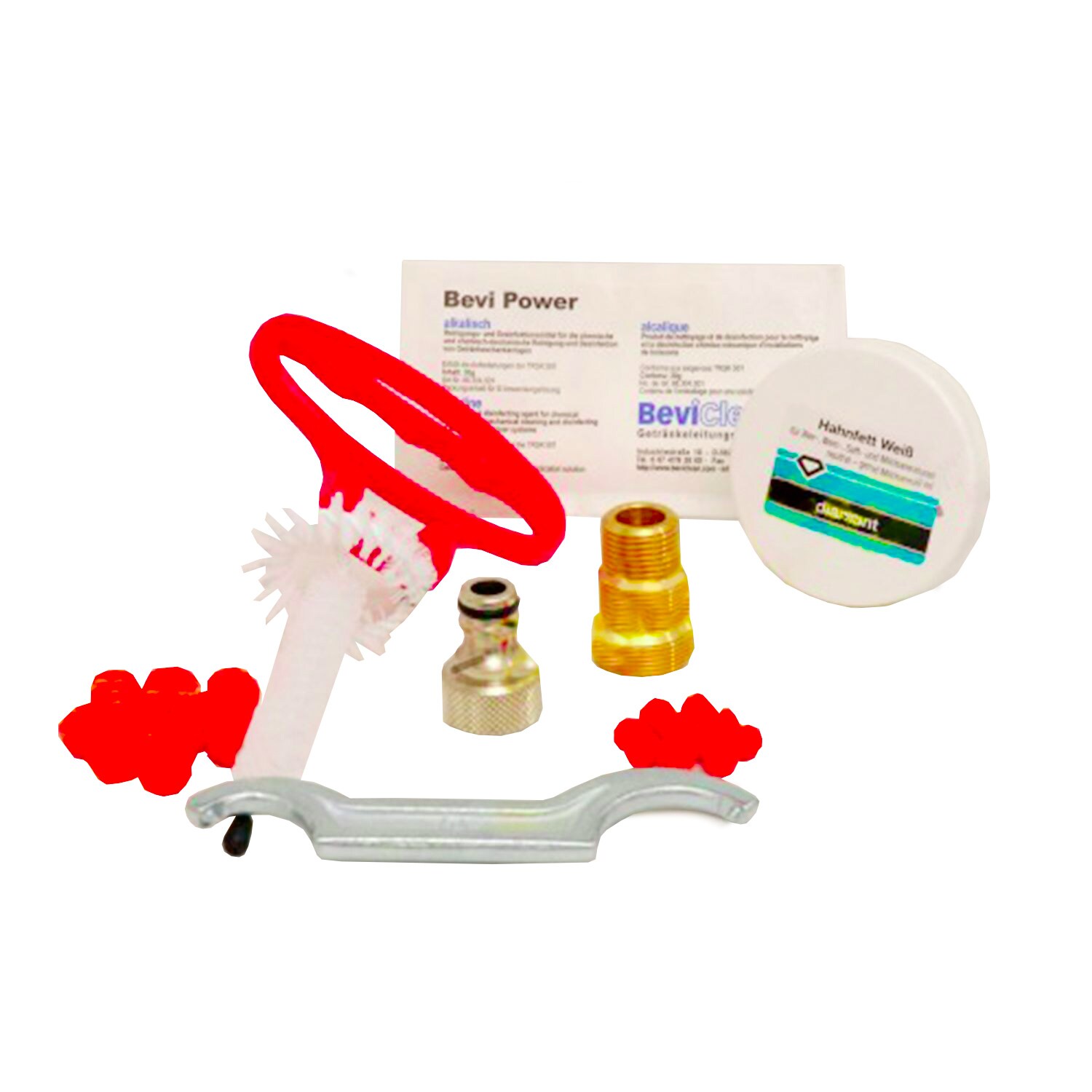 Reinigungsset für Zapfanlage und Keg - Klein, mit 30mm Reinigungsadapter, Bürsten & Reinigungspulver