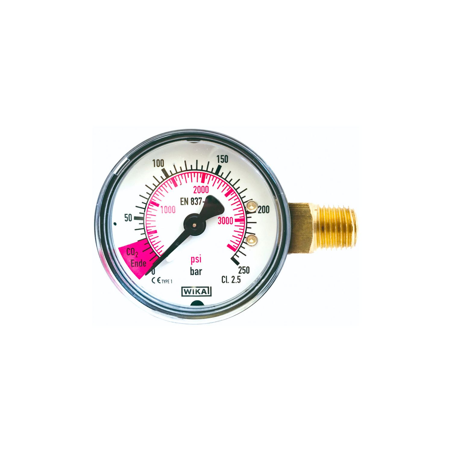 Inhaltsmanometer mit roten Bereich f&uuml;r CO2-Ende, 1/4" AG 