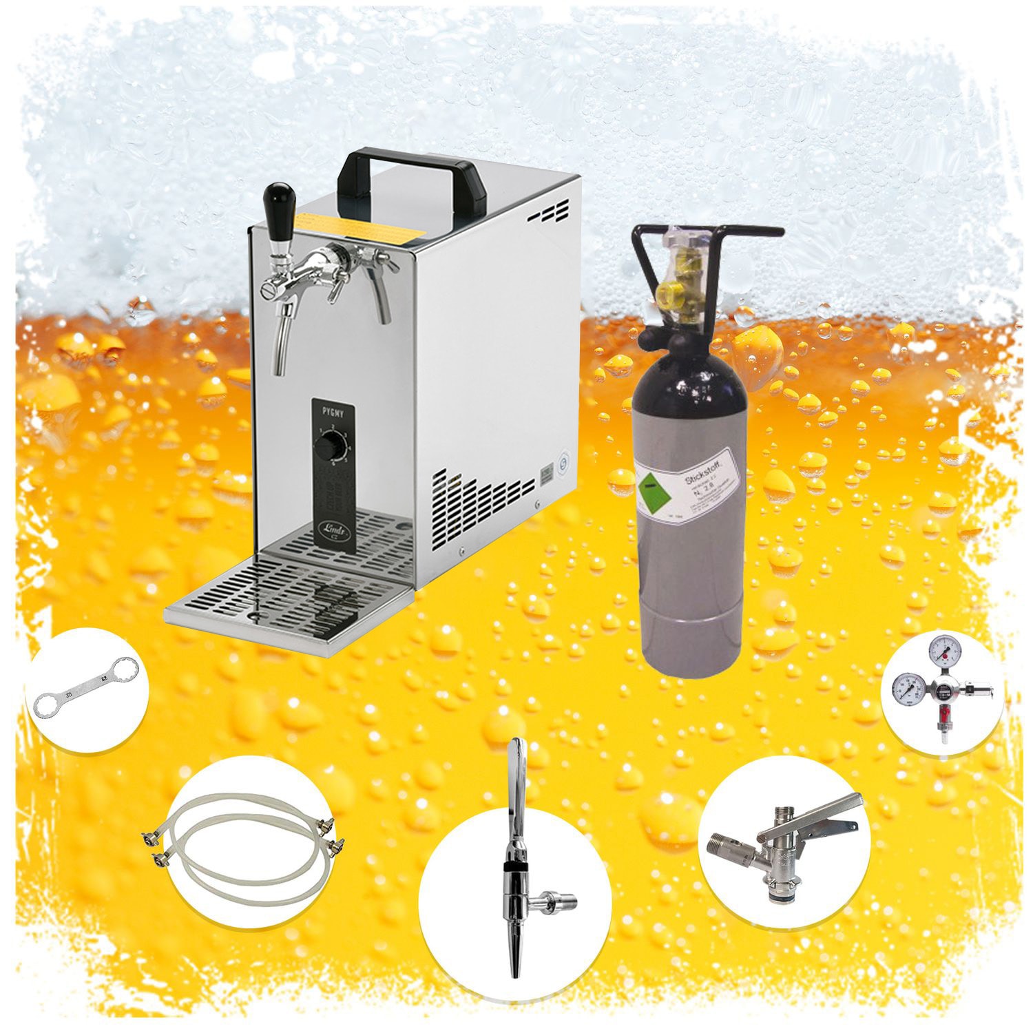 Guinness Zapfanlage, Bierzapfanlage - Komplett Set - Bierkoffer, Durchlaufk&uuml;hler PYGMY 25 1-leitig Trockenk&uuml;hler, 35 Liter/h 