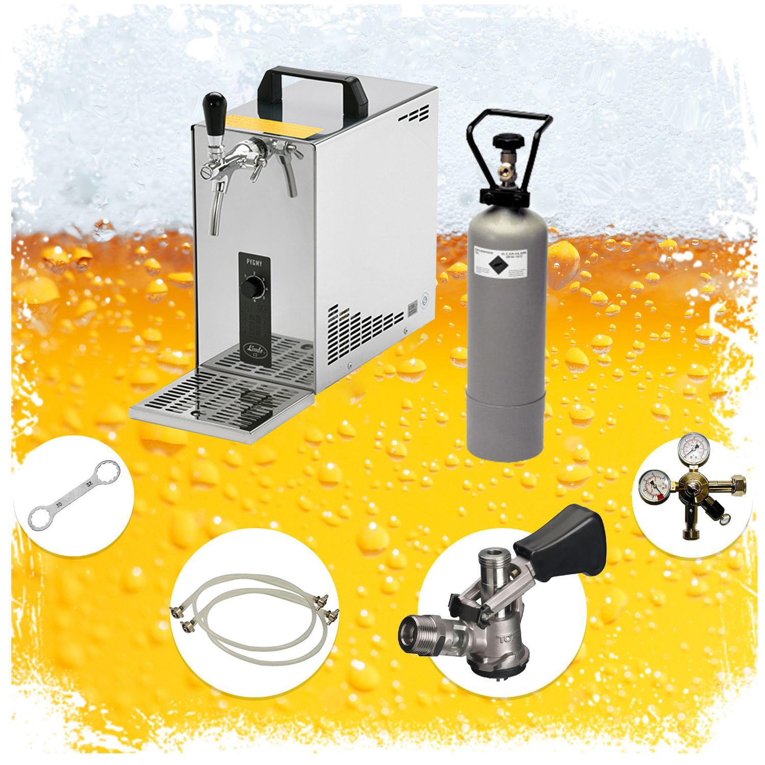 Komplett Set - Zapfanlage, Bierzapfanlage, Bierkoffer, Durchlaufk&uuml;hler PYGMY 25 LE, 1-leitig Trockenk&uuml;hler, 30 Liter/h, Green Line, 5 Liter Adapter 