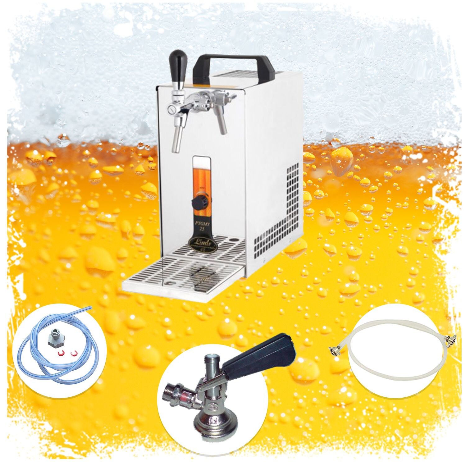 Komplett Set - Zapfanlage, Bierzapfanlage, Bierzapfen PYGMY 20/K mit Membranpumpe, 1-leitig Trockenkühlgerät aus Edelstahl, 25 Liter/h, Green Line, ohne