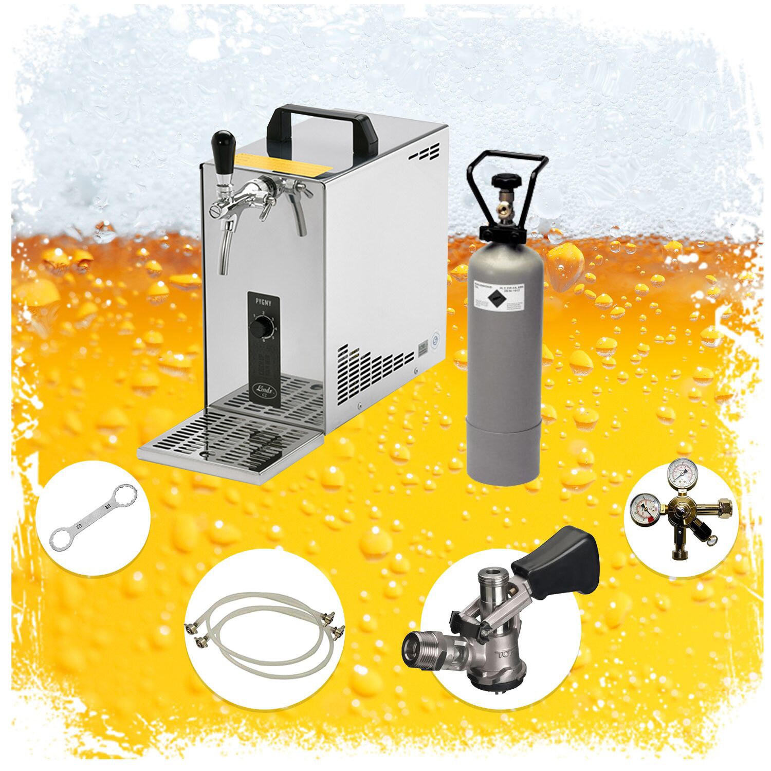 Komplett Set - Zapfanlage, Bierzapfanlage, Bierkoffer, Durchlaufkühler PYGMY 25 1-leitig Trockenkühler, 35 Liter/h, NC Adapter