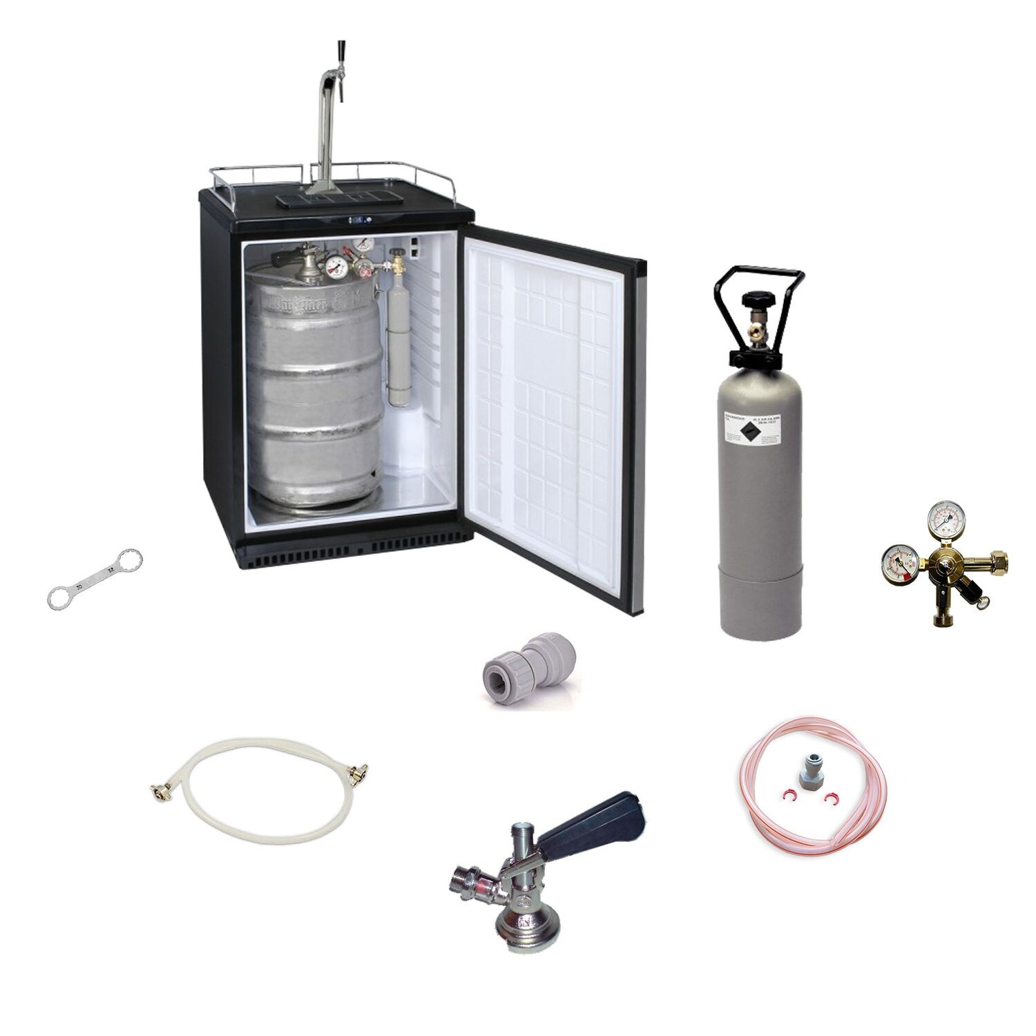 Komplett Set - Fassbierkühlschrank bis zu  Fässer (Bierbar) - inkl. Schanksäule Elegant und Kompensatorhahn, Zapfkopf:NC Adapter
