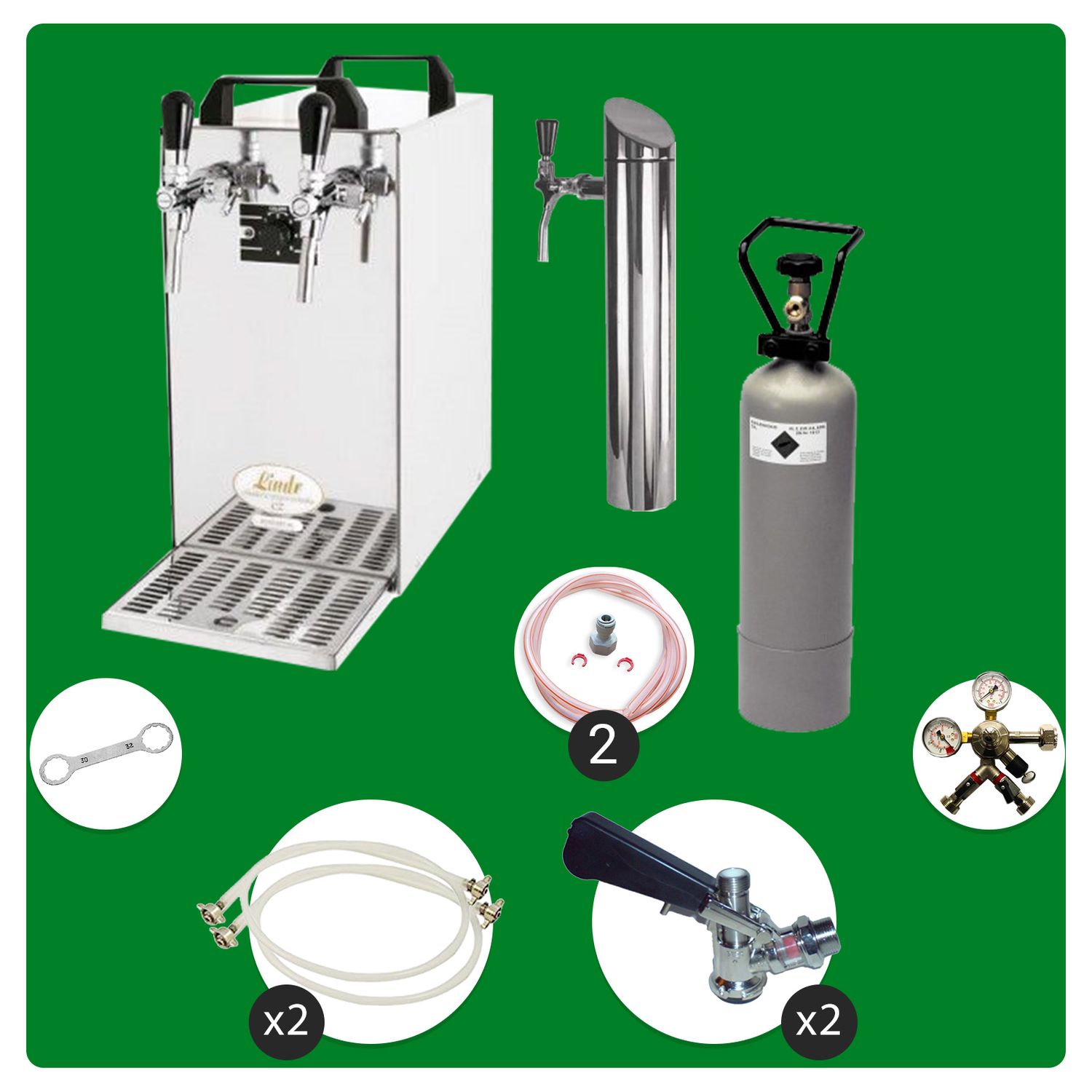 Untertheken Komplett Set - Zapfanlage, Bierzapfanlage - Kontakt 40 2-leitig Trockenk&uuml;hler, Durchlaufk&uuml;hler 50 Liter/h, inkl. Schanks&auml;ule, Green Line, Zapfkopf:5 Liter Adapter,Zapfkopf 2:Korb 