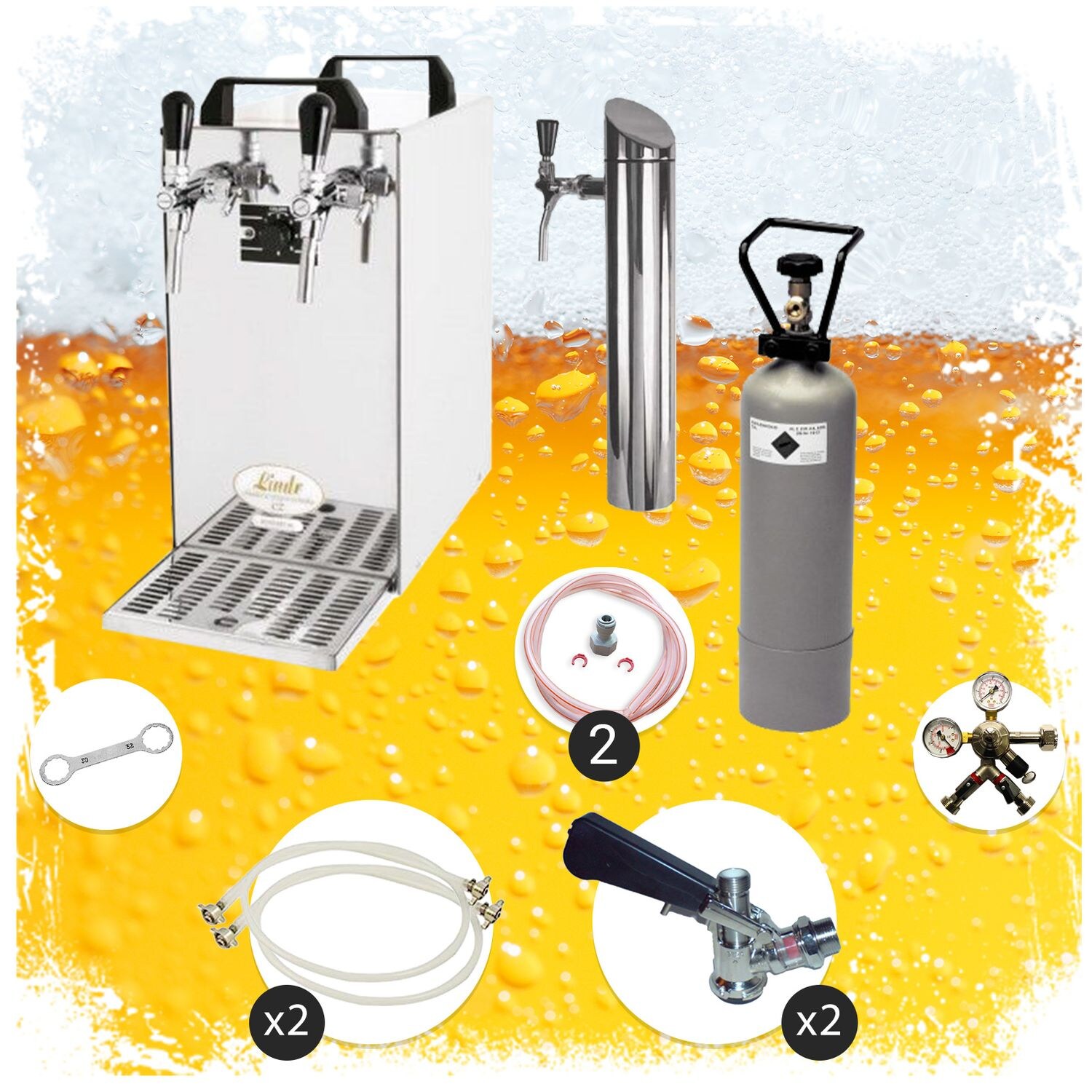 Untertheken Komplett Set - Zapfanlage, Bierzapfanlage - Kontakt 40 2-leitig Trockenkühler, Durchlaufkühler 50 Liter/h, inkl. Schanksäule, Green Line, Zapfkopf:Flach,Zapfkopf 2:NC Adapter