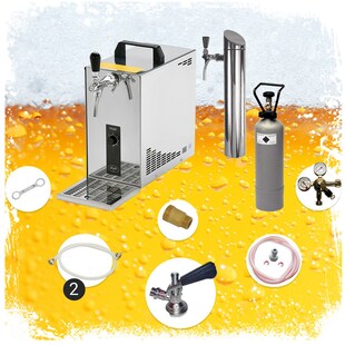 Untertheken Komplett Set - Zapfanlage, Bierzapfanlage, Bierkoffer, Durchlaufkühler PYGMY 25 1-leitig Trockenkühler, 35 Liter/h, inkl. Schanksäule, Green Line, Zapfkopf:KeyKeg 