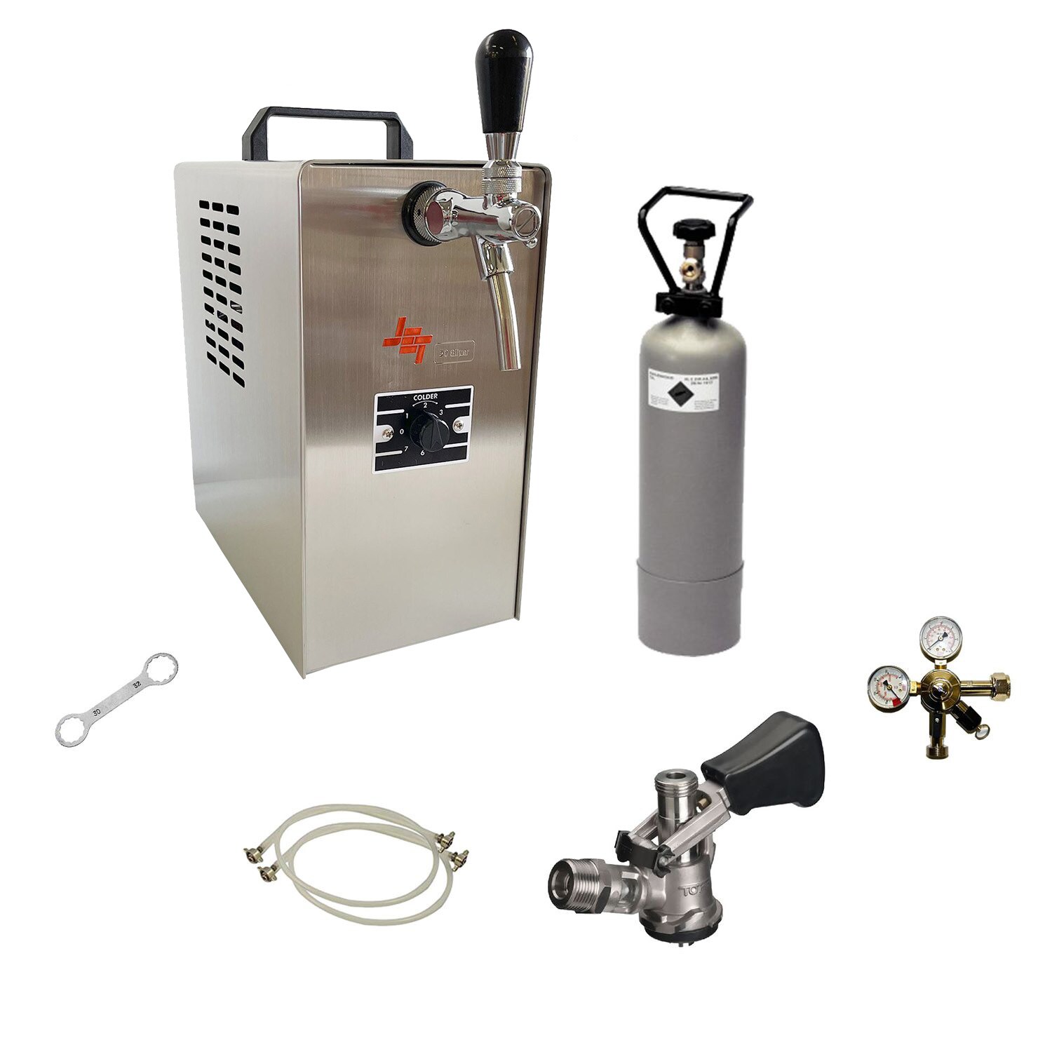 Komplett Set - Zapfanlage, Bierzapfanlage JET 30 Bierkoffer, Durchlaufk&uuml;hler 1-leitig Trockenk&uuml;hler, bis zu 35 Liter/h, Zapfkopf:NC Adapter 